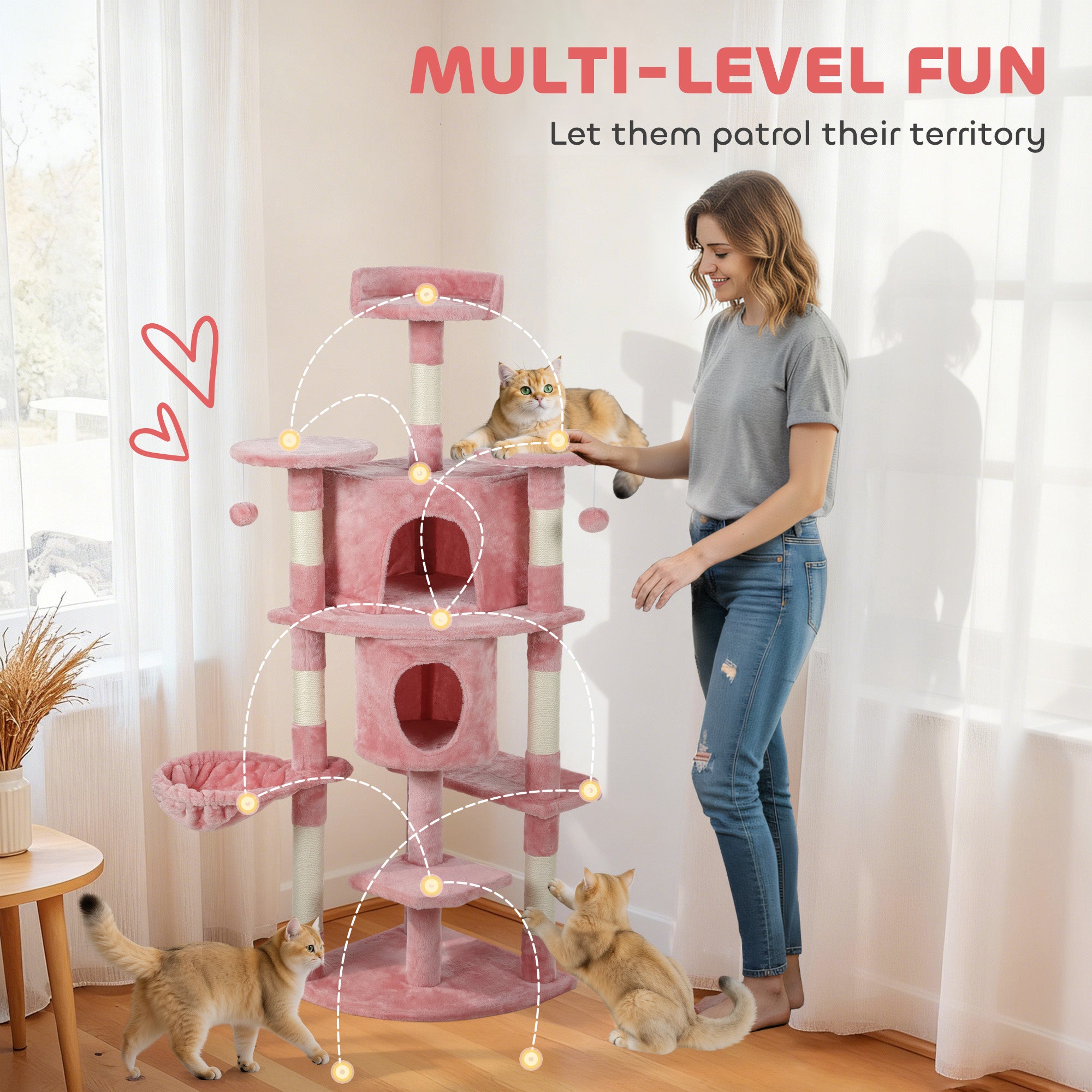 pawhut-arbre-chat-157-cm-avec-2-niches-hamac-et-perchoirs-rose image 6