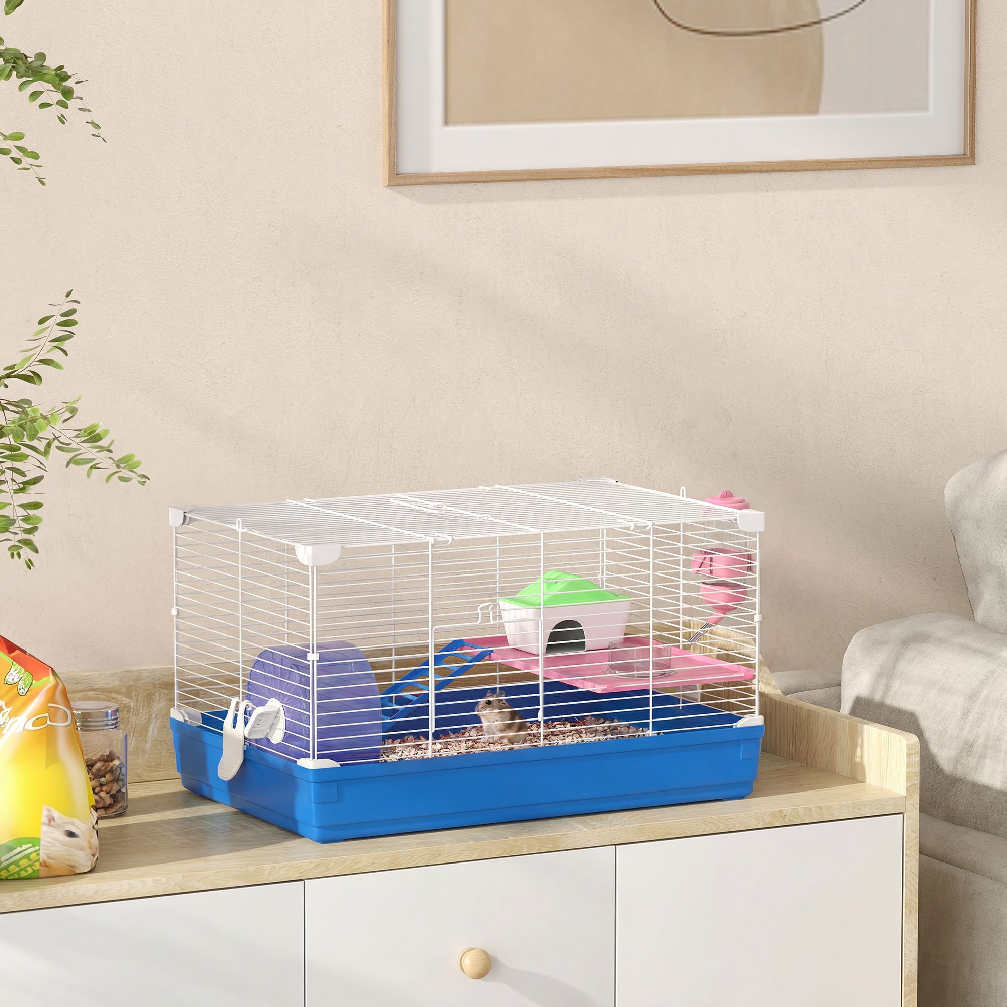 pawhut-cage-hamster-47-cm-2-tages-avec-roue-biberon-et-gamelle-bleu image 4