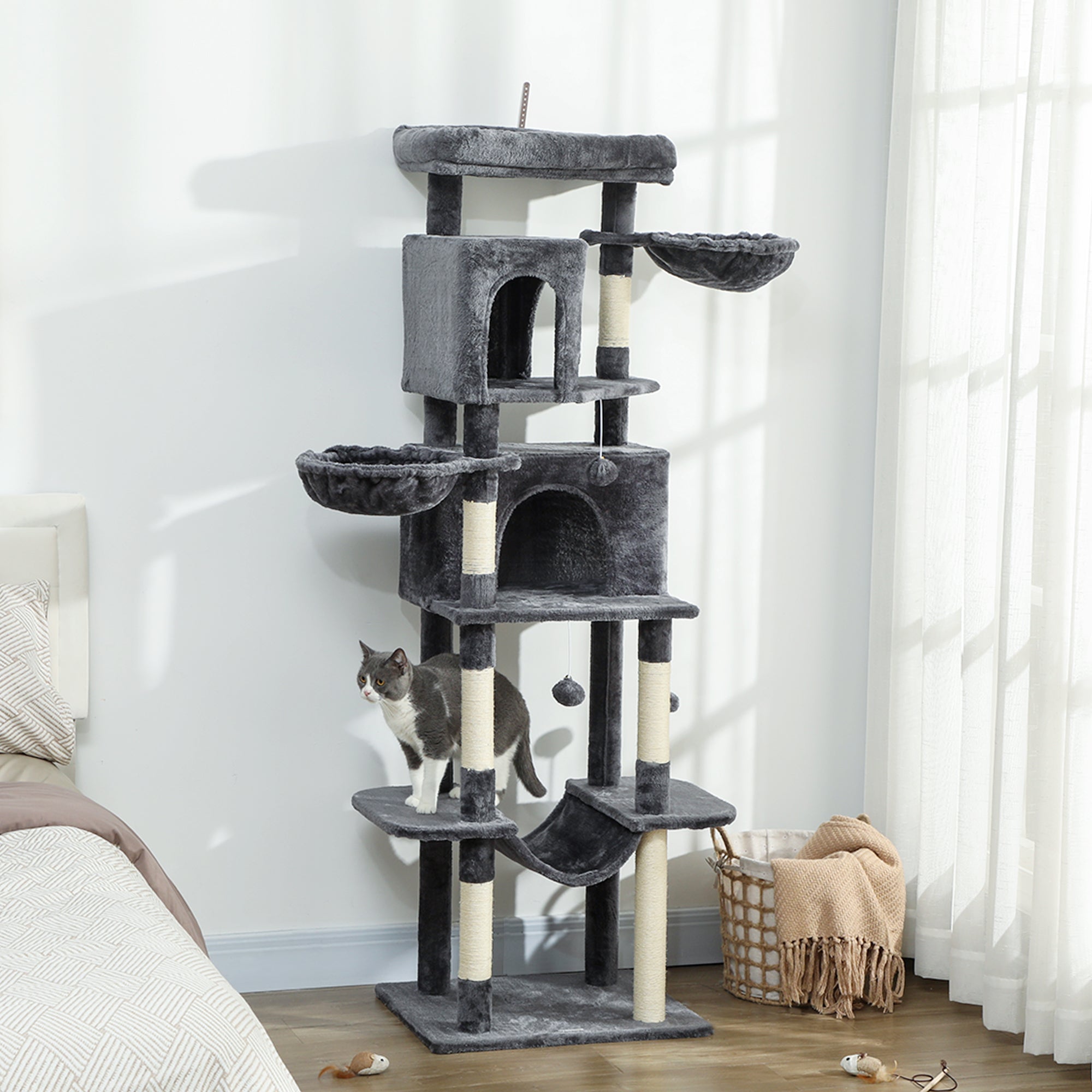 pawhut-arbre-chat-175-cm-type-tour-avec-2-niches-3-hamacs-et-perchoirs-gris-fonc image 3