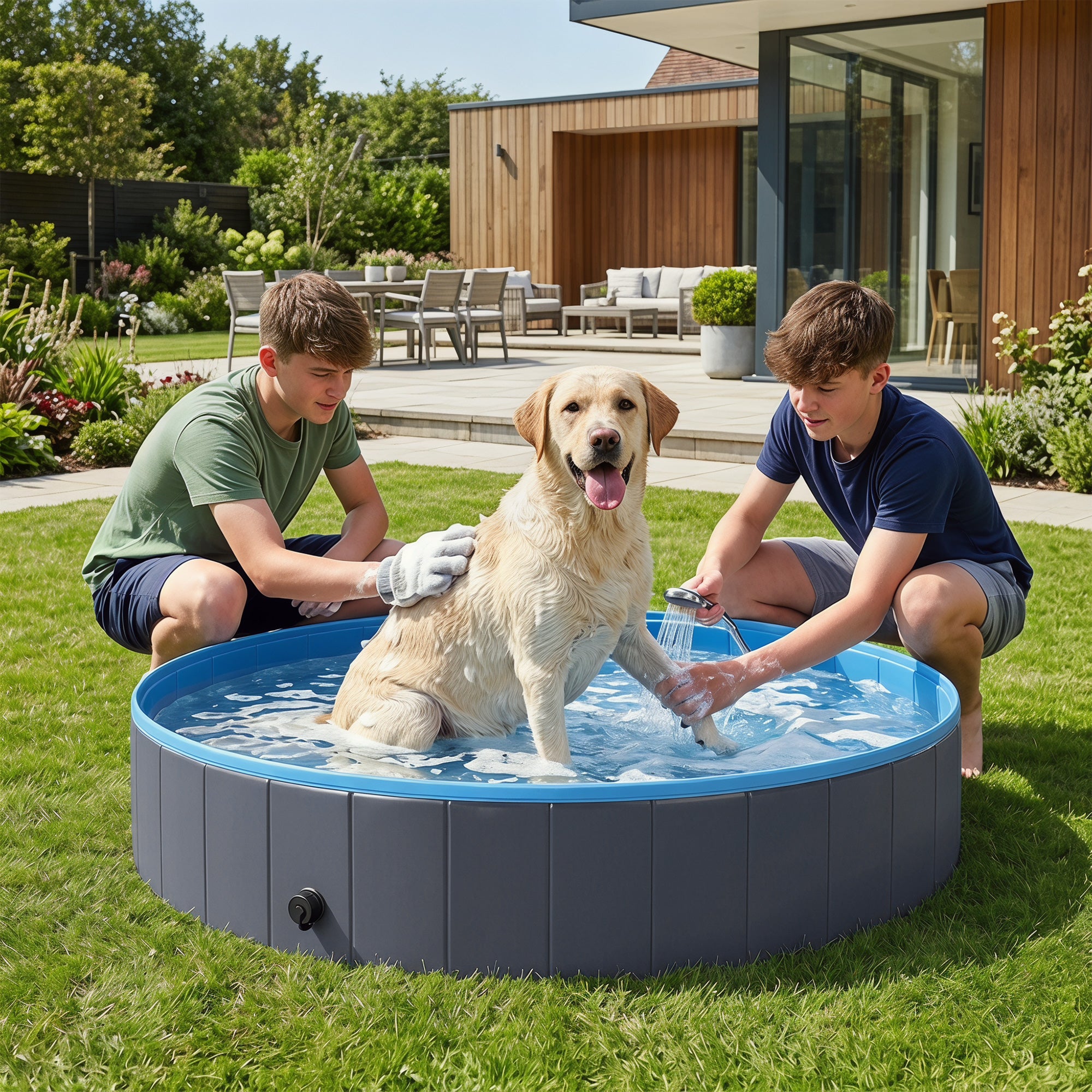 pawhut-piscine-pliable-pour-chien-160-x-30-cm-bleu-et-gris-fonc-avec-adaptateur- image 3
