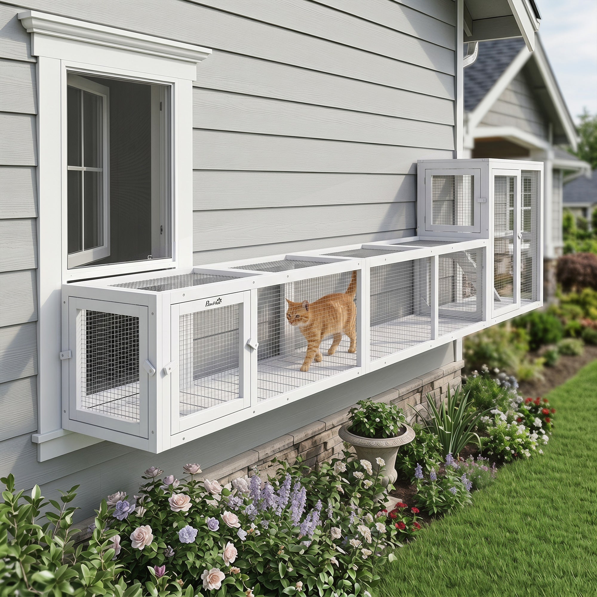 pawhut-tunnel-ext-rieur-pour-chat-79-en-bois-avec-b-che-blanc image 3