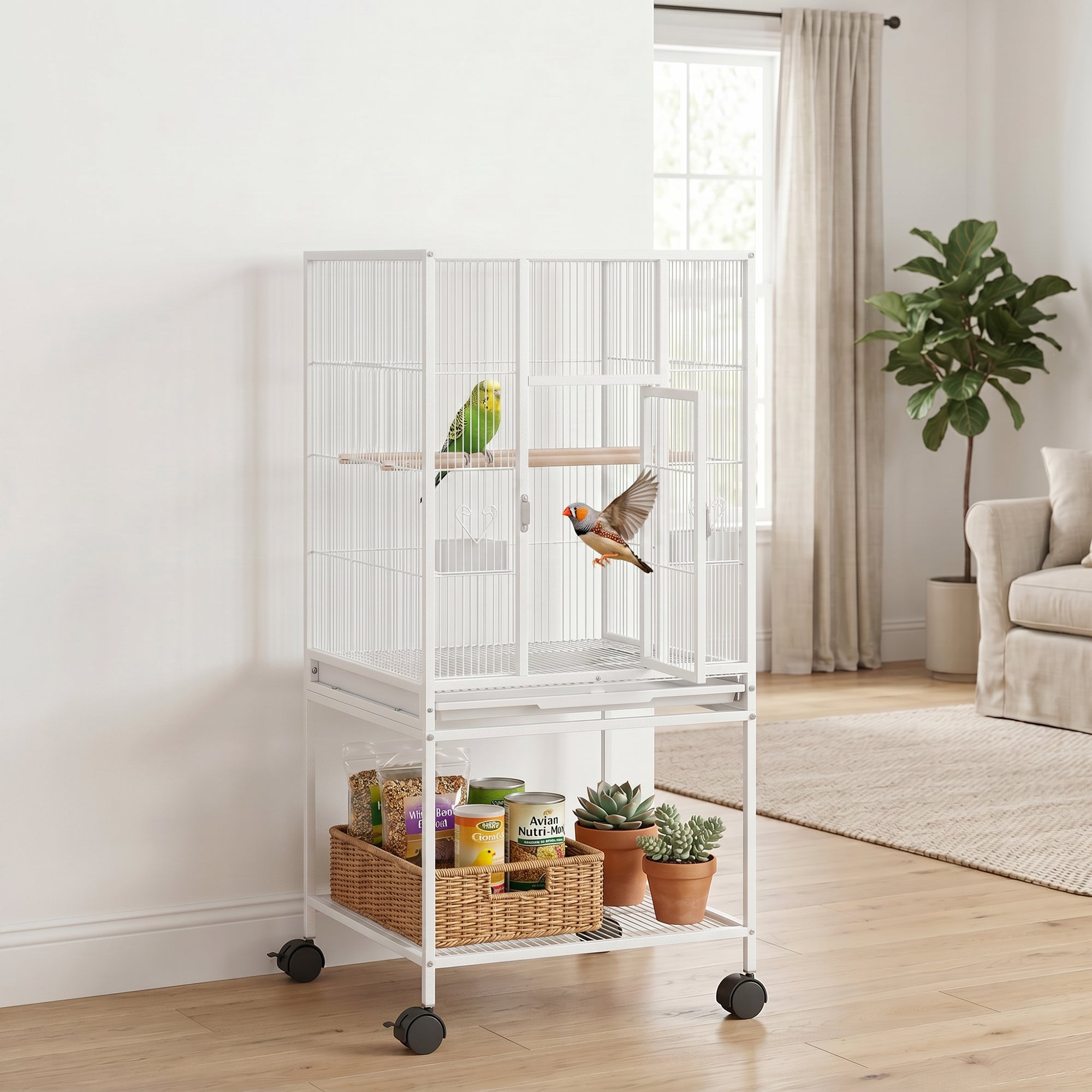 pawhut-cage-oiseaux-d-tachable-sur-roulettes-avec-tag-re-blanc image 4