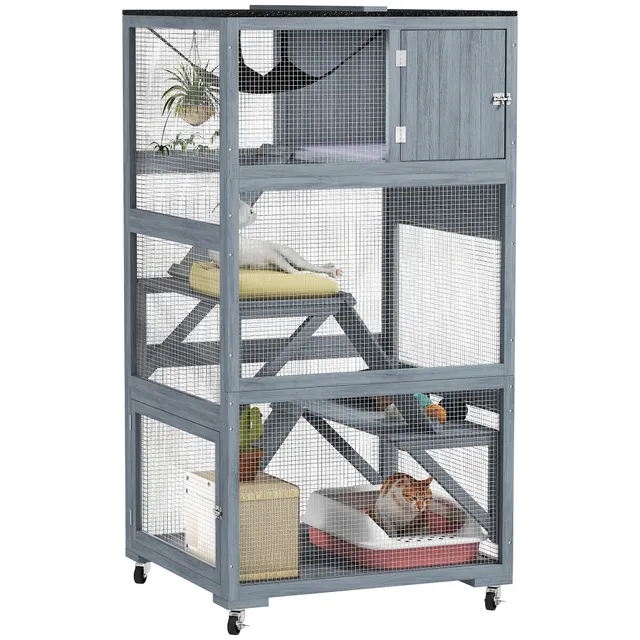 pawhut-catio-ext-rieur-66-pouces-sur-roues-avec-hamac-et-plateformes-gris image 1