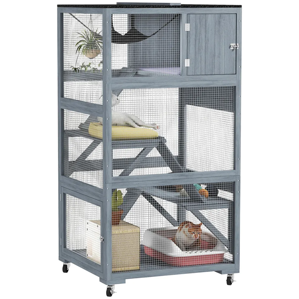 pawhut-catio-ext-rieur-66-pouces-sur-roues-avec-hamac-et-plateformes-gris image 1