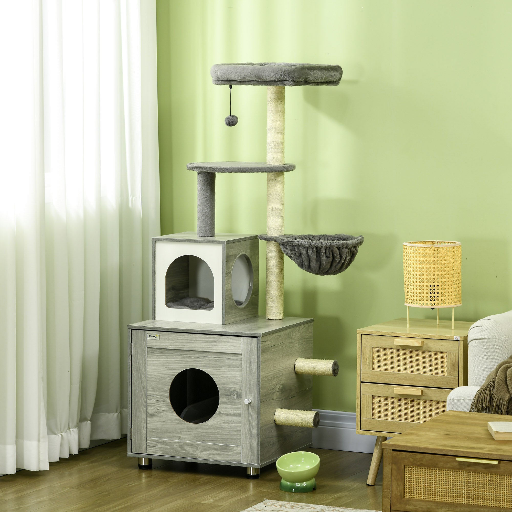 pawhut-arbre-chat-2-en-1-oasis-avec-liti-re-et-griffoirs-gris image 4
