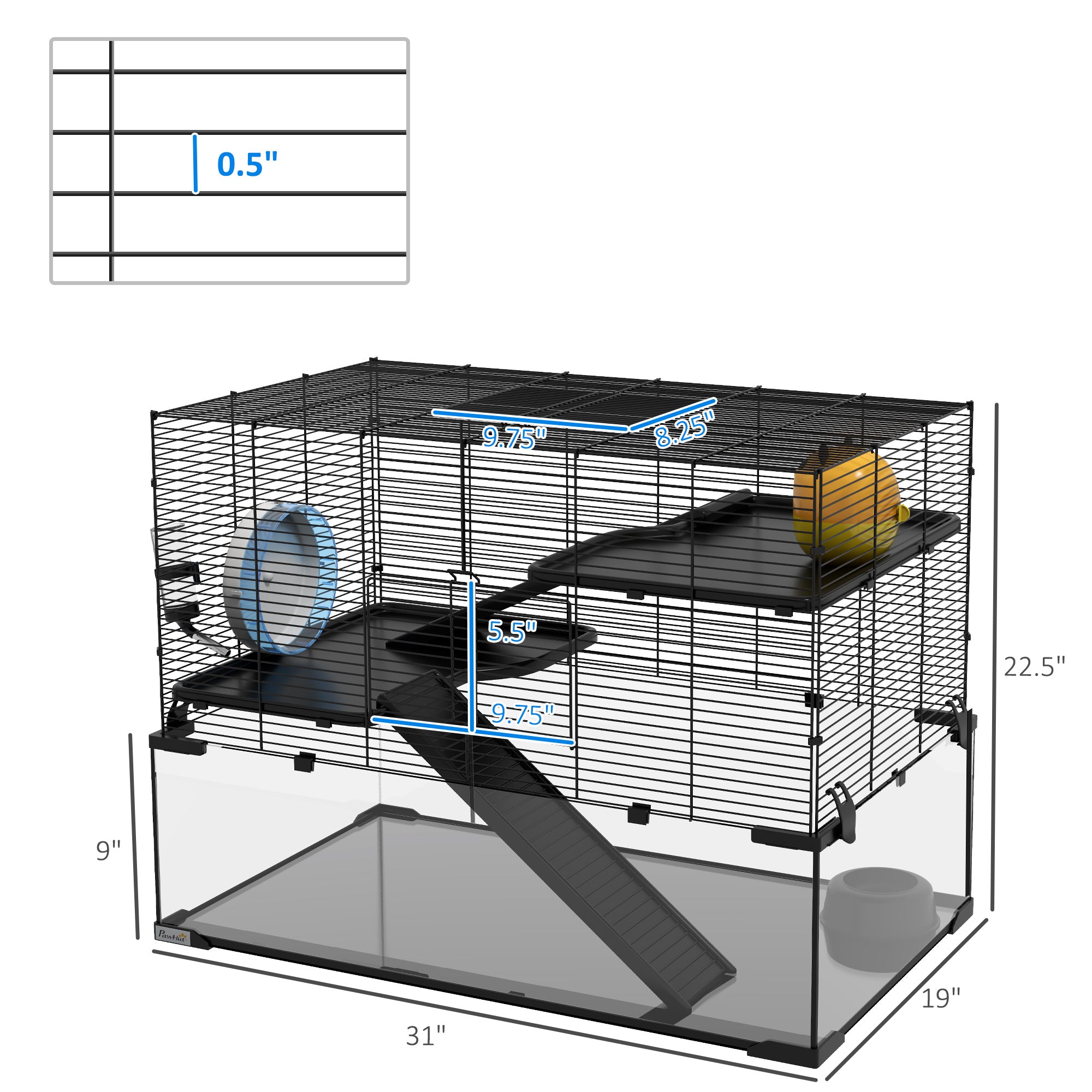 pawhut-cage-hamster-3-tages-79-x-48-x-57-cm-avec-fond-verre-tremp-et-accessoires image 7