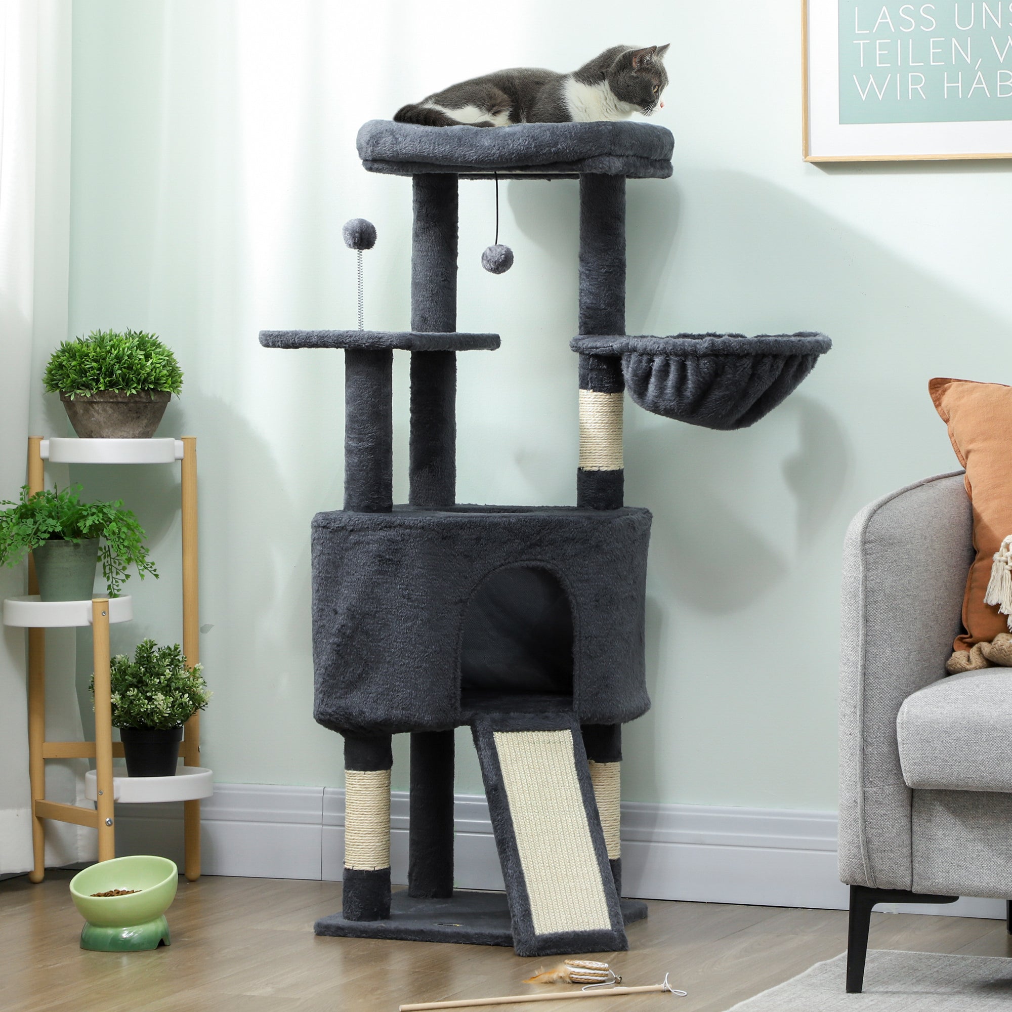 pawhut-arbre-chat-47-pouces-avec-niche-hamac-lit-et-chelle-gris-fonc image 4