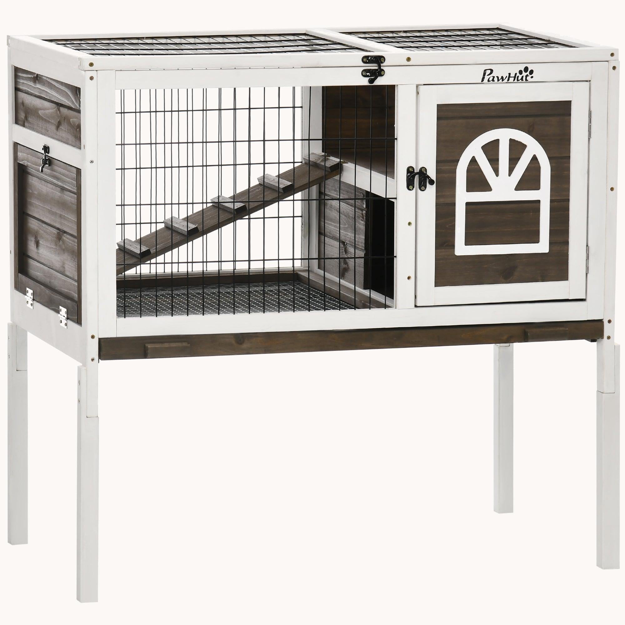 pawhut-clapier-lapin-cochon-d-inde-d-int-rieur-sur-lev-en-bois-portes-verrouilla image 1