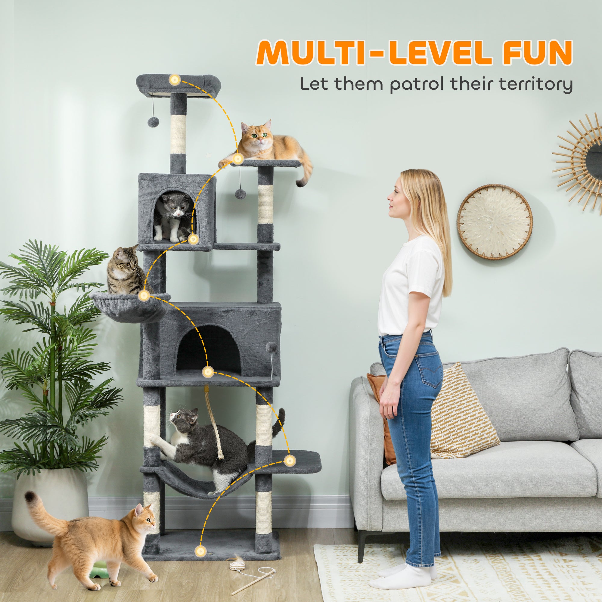 pawhut-arbre-chat-g-ant-202cm-6-griffoirs-2-niches-2-hamacs-gris-fonc image 6
