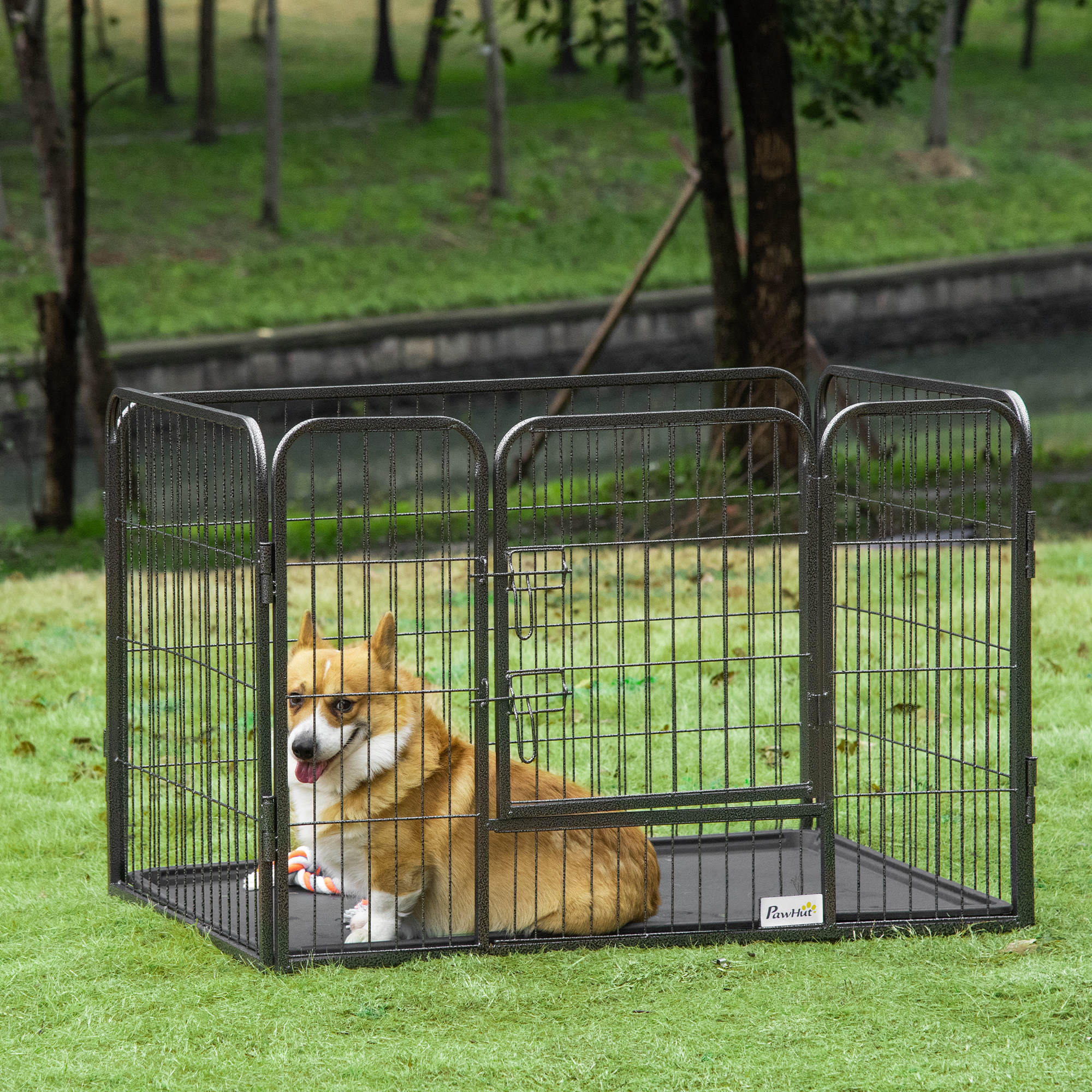 pawhut-parc-pour-chiens-4-panneaux-avec-porte-et-plateau-int-rieur-ext-rieur-gri image 3