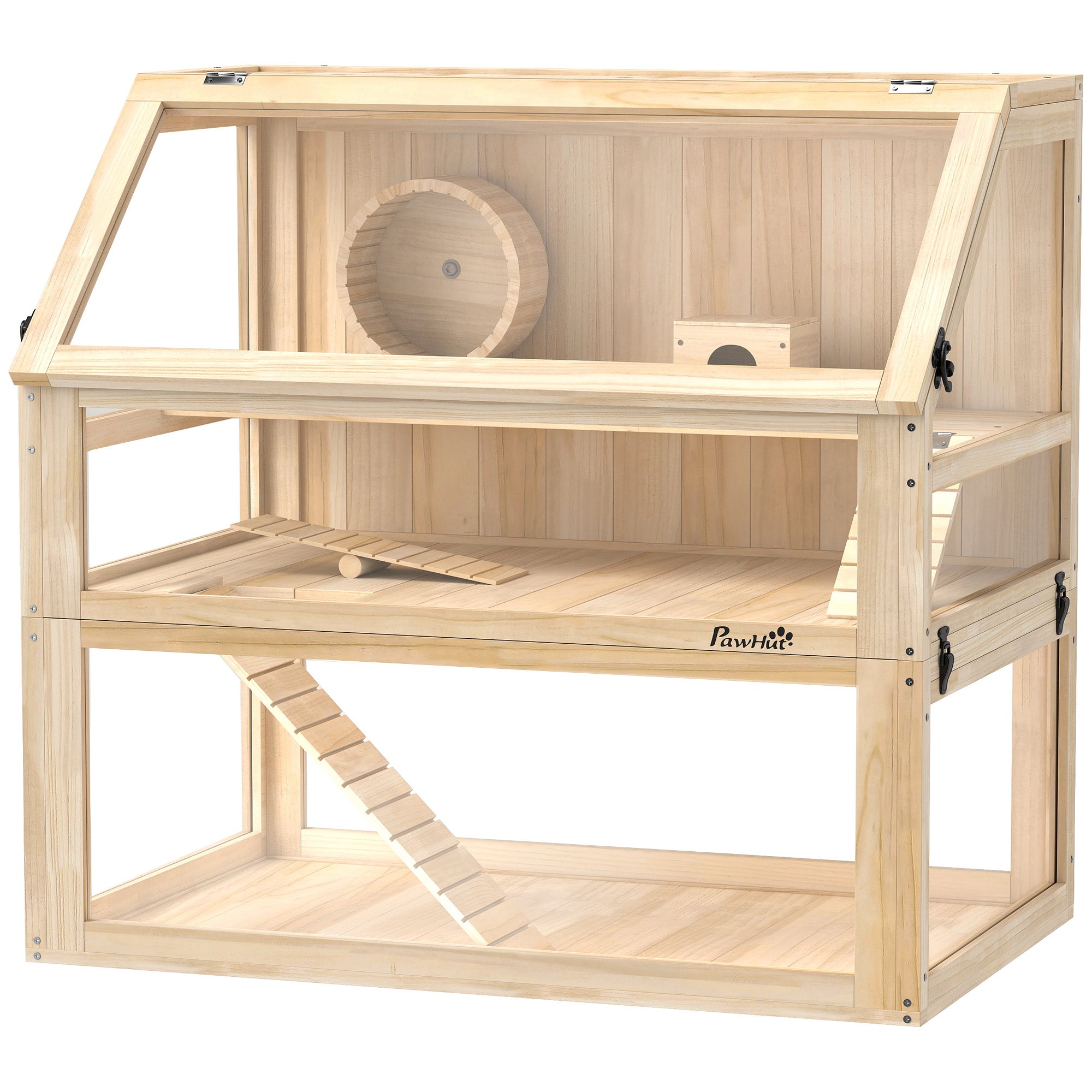 pawhut-cage-hamster-bois-3-tages-avec-roue-cabane-et-rampes-80-x-50-x-76-cm-natu image 2