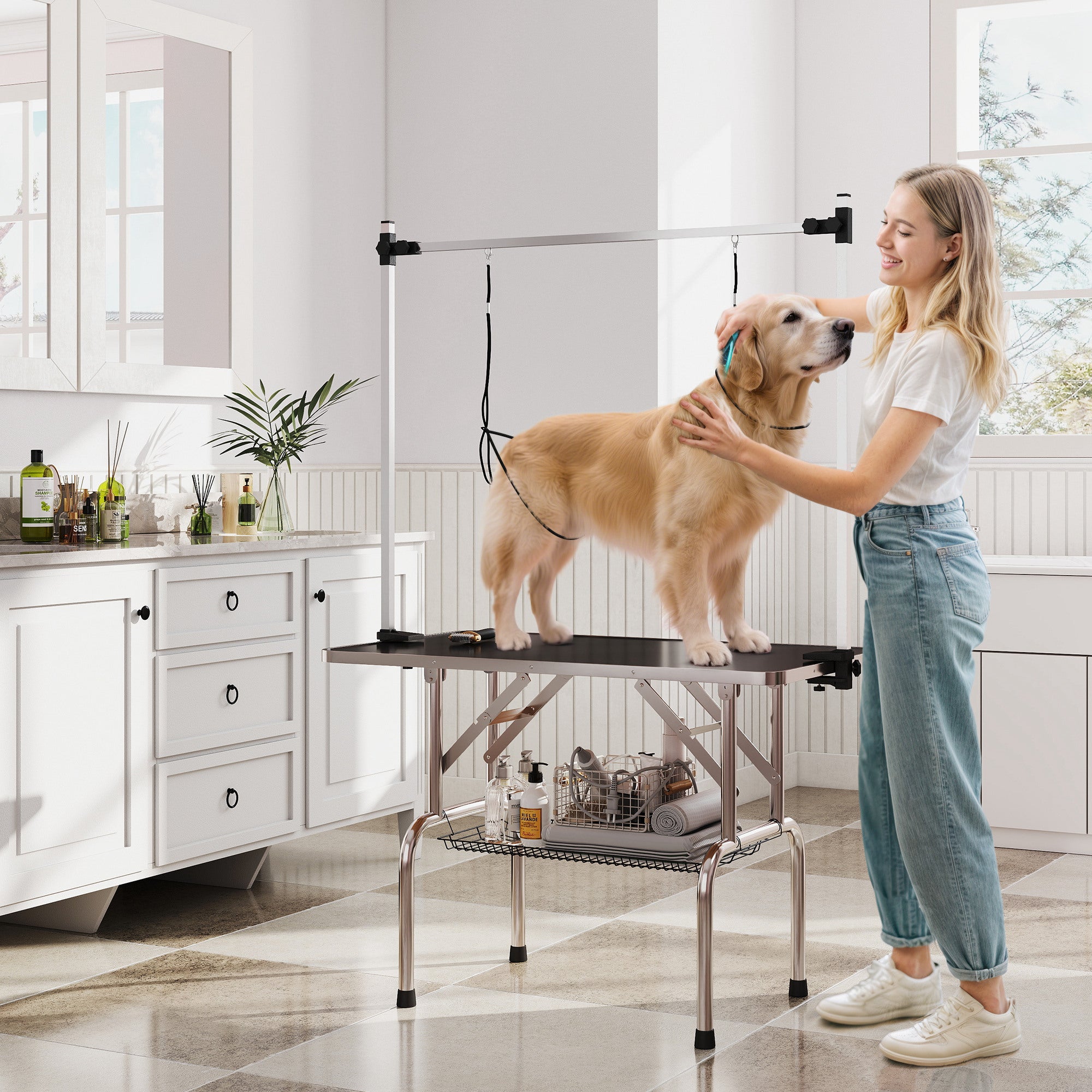 pawhut-table-de-toilettage-pliante-r-glable-107-x-60-x-164-cm-noire image 4