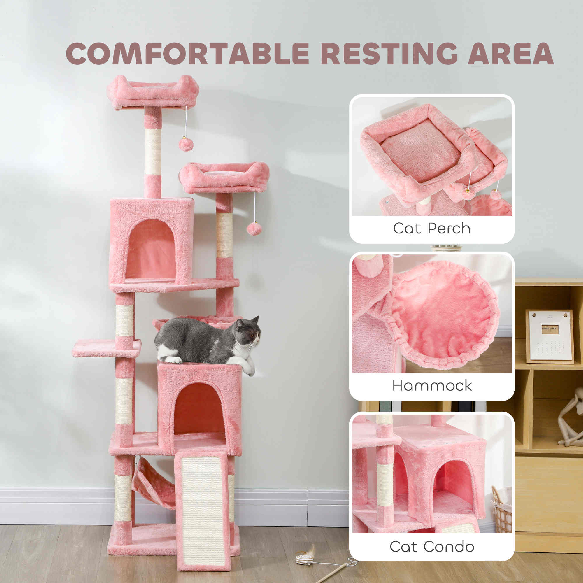 arbre-chat-pawhut-177-cm-avec-2-niches-2-perchoirs-et-hamac-rose image 7