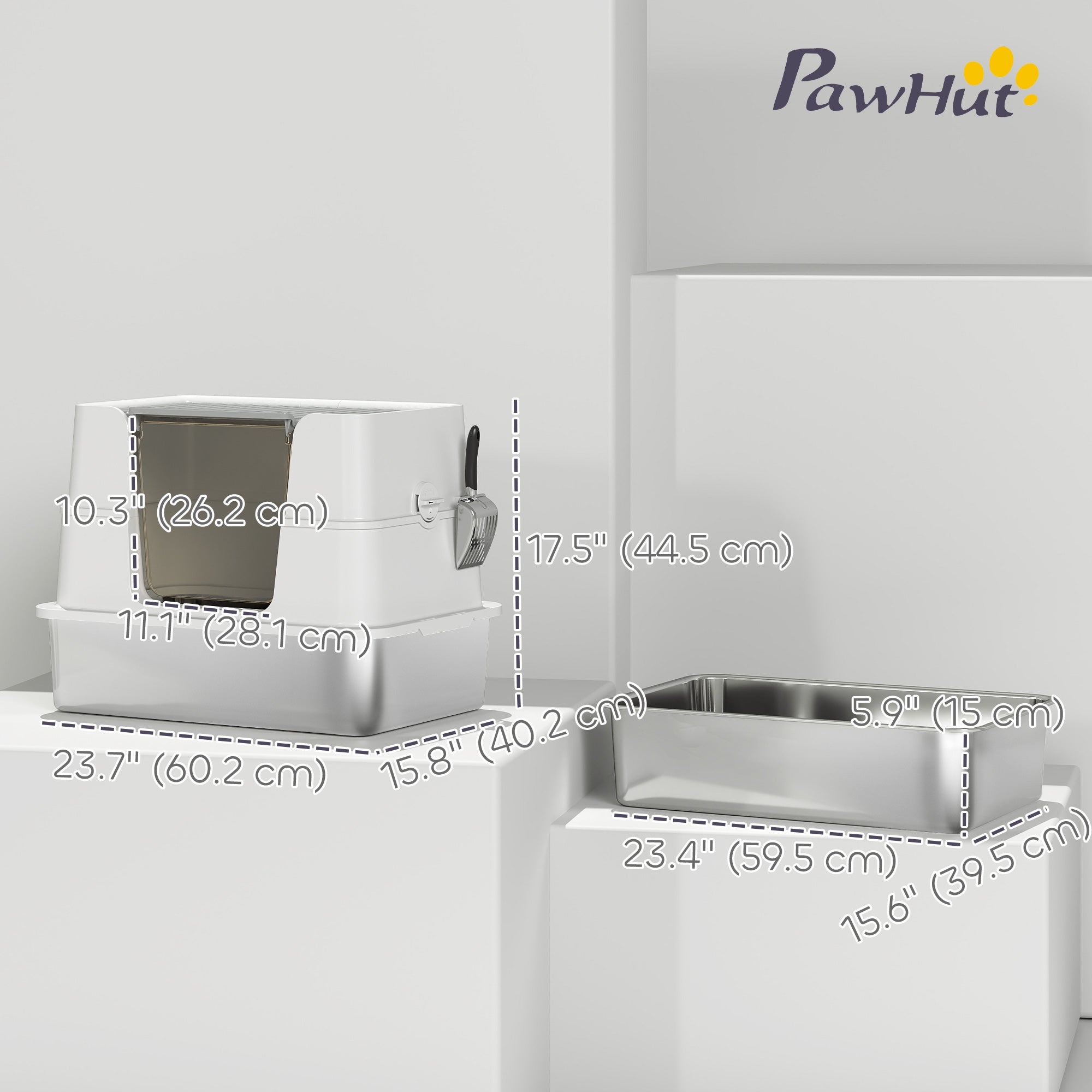 pawhut-bac-liti-re-pour-chat-inox-xl-couvert-gris-clair-avec-pelle image 5