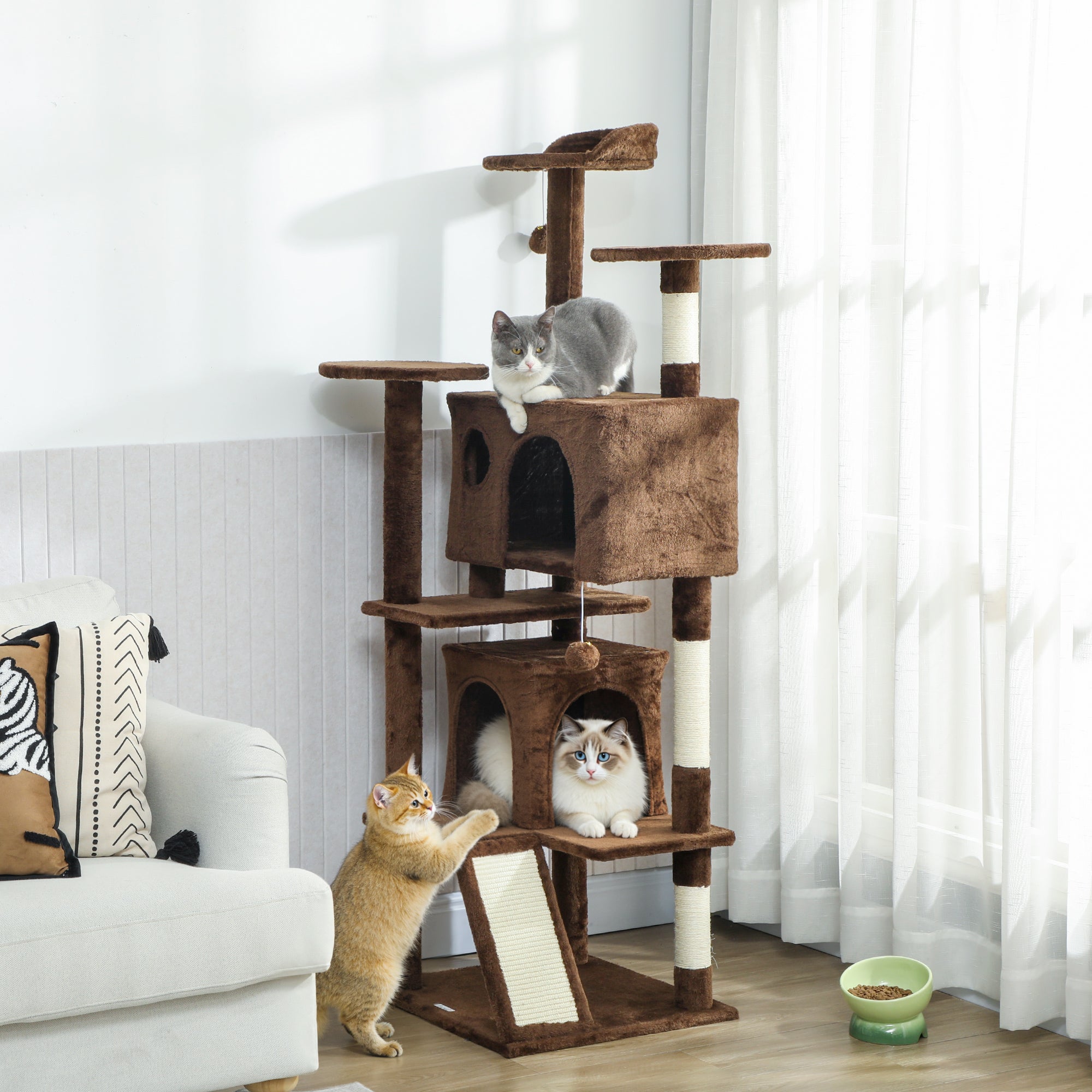 pawhut-arbre-chat-160-cm-avec-2-niches-lit-rampe-et-griffoirs-marron-clair image 3
