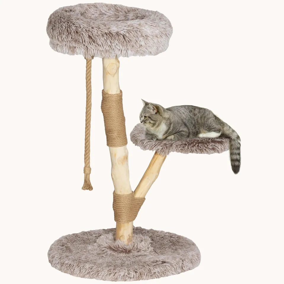 pawhut-arbre-chat-89-cm-poteaux-bois-et-jute-avec-lit-et-jouet-marron image 1