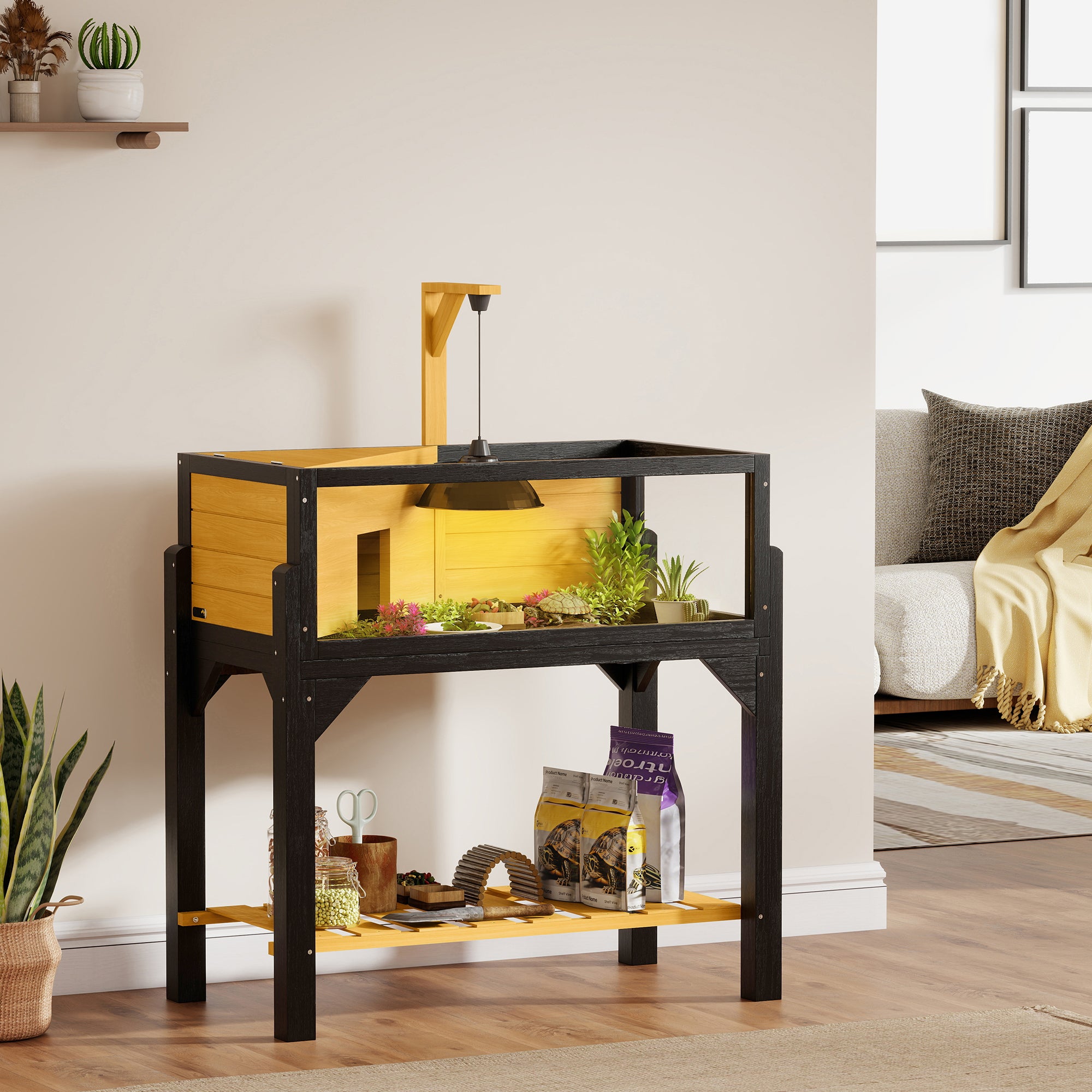 pawhut-habitat-tortue-en-bois-avec-tag-re-toit-ouvert-et-support-lampe-jaune image 4