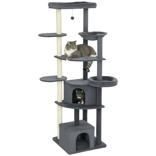 pawhut-arbre-chat-g-ant-79-avec-2-niches-2-perchoirs-et-hamac-gris-fonc image 1