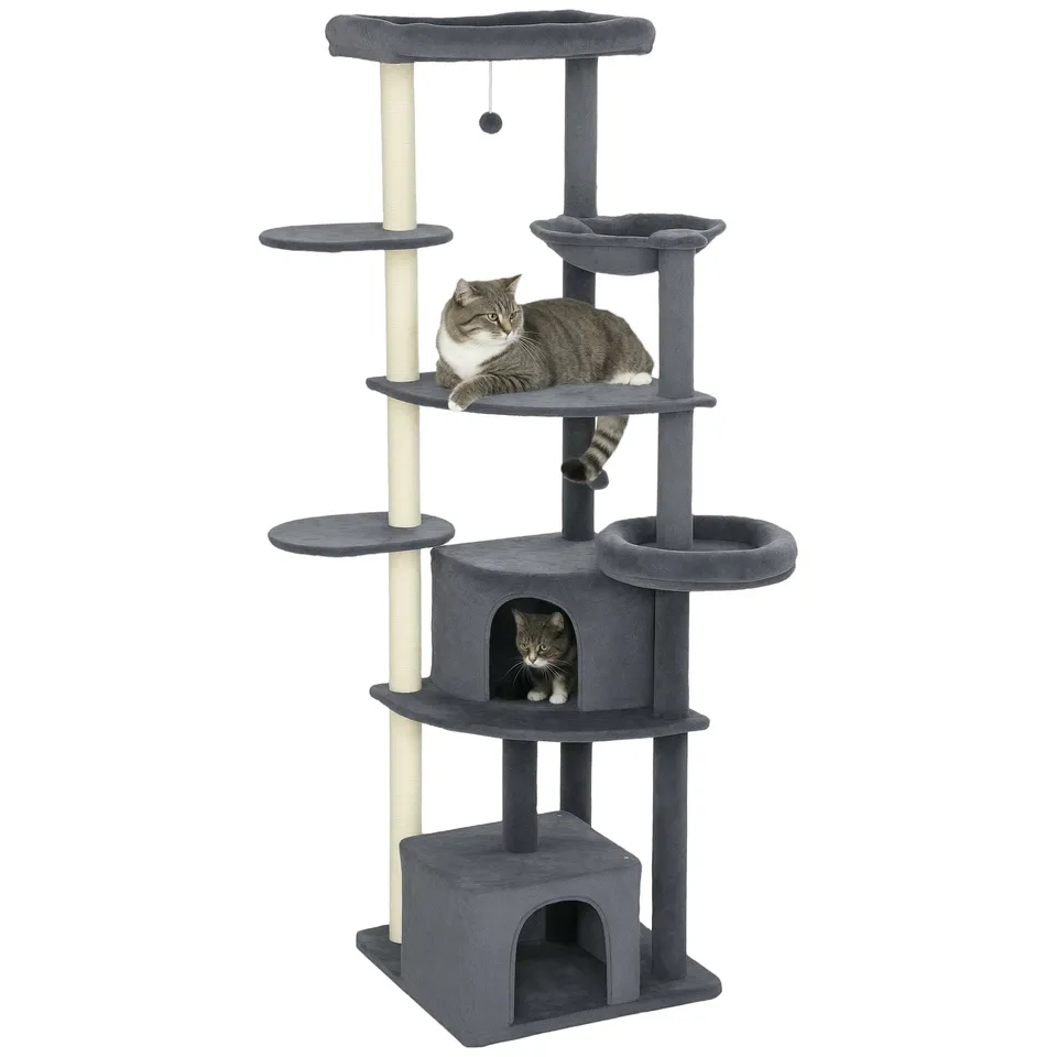 pawhut-arbre-chat-g-ant-79-avec-2-niches-2-perchoirs-et-hamac-gris-fonc image 1