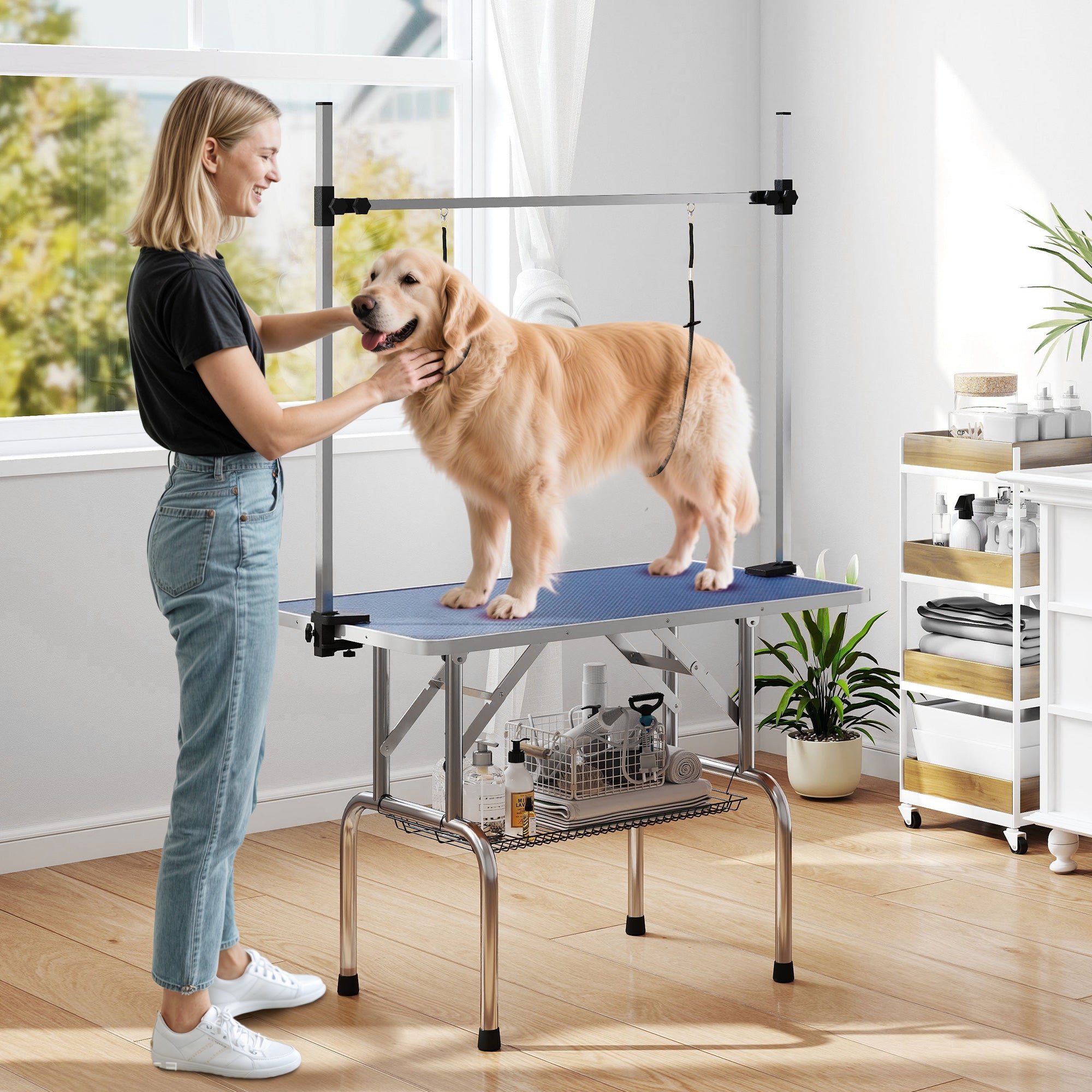 pawhut-table-de-toilettage-pliable-107x60x170cm-plateau-caoutchouc-bleu image 3