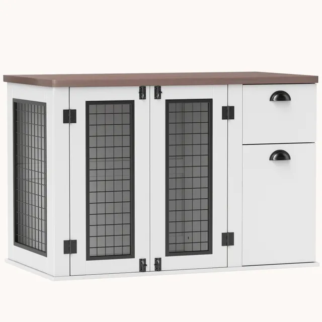 pawhut-niche-chien-d-int-rieur-blanche-double-porte-avec-tiroir-pour-chiens-moye image 1
