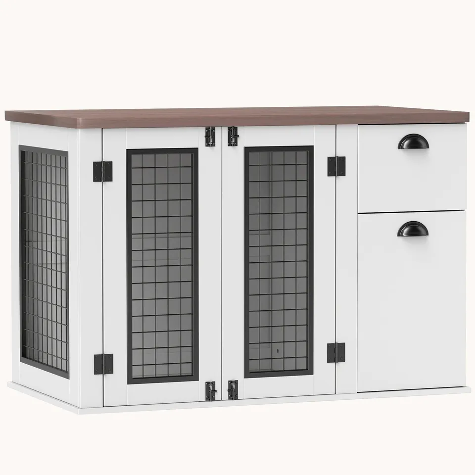 pawhut-niche-chien-d-int-rieur-blanche-double-porte-avec-tiroir-pour-chiens-moye image 1