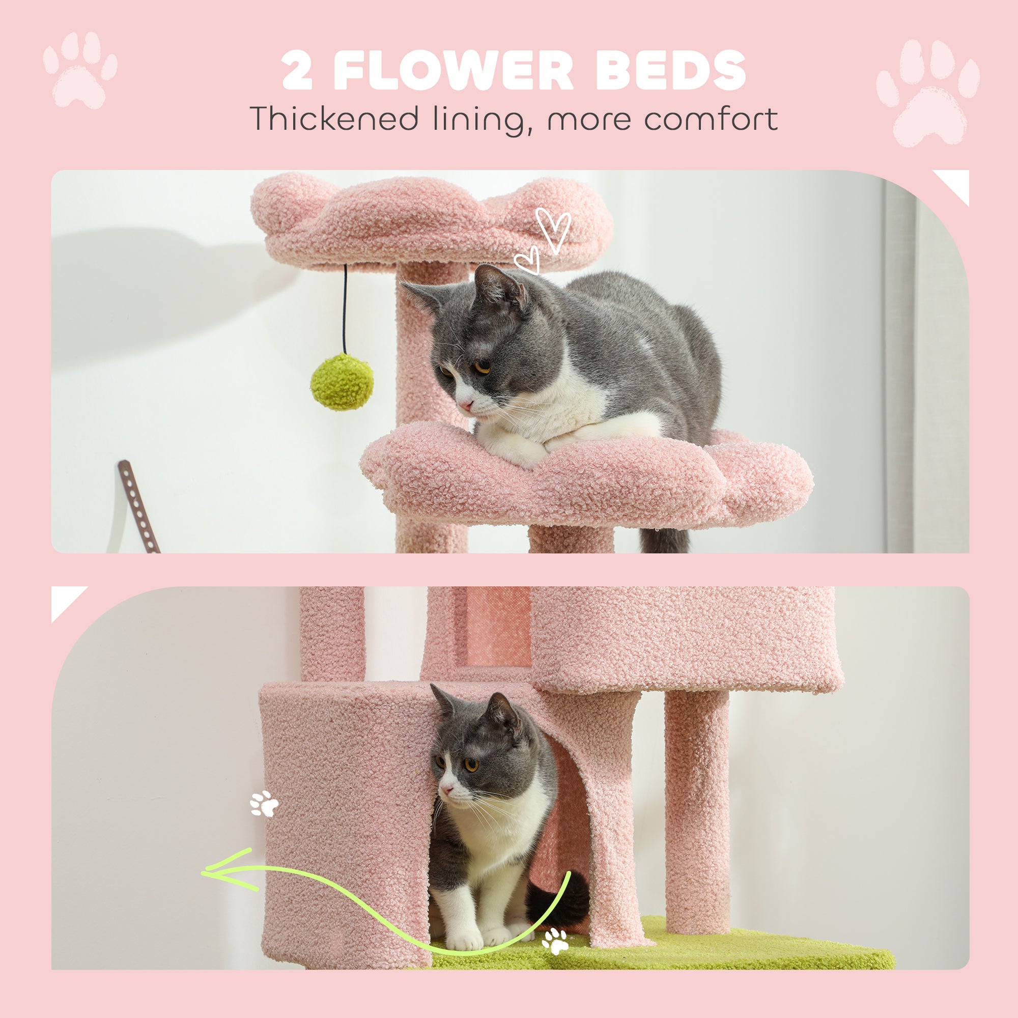pawhut-arbre-chat-fleur-157-cm-62-2-niches-2-couches-et-hamac-rose image 7