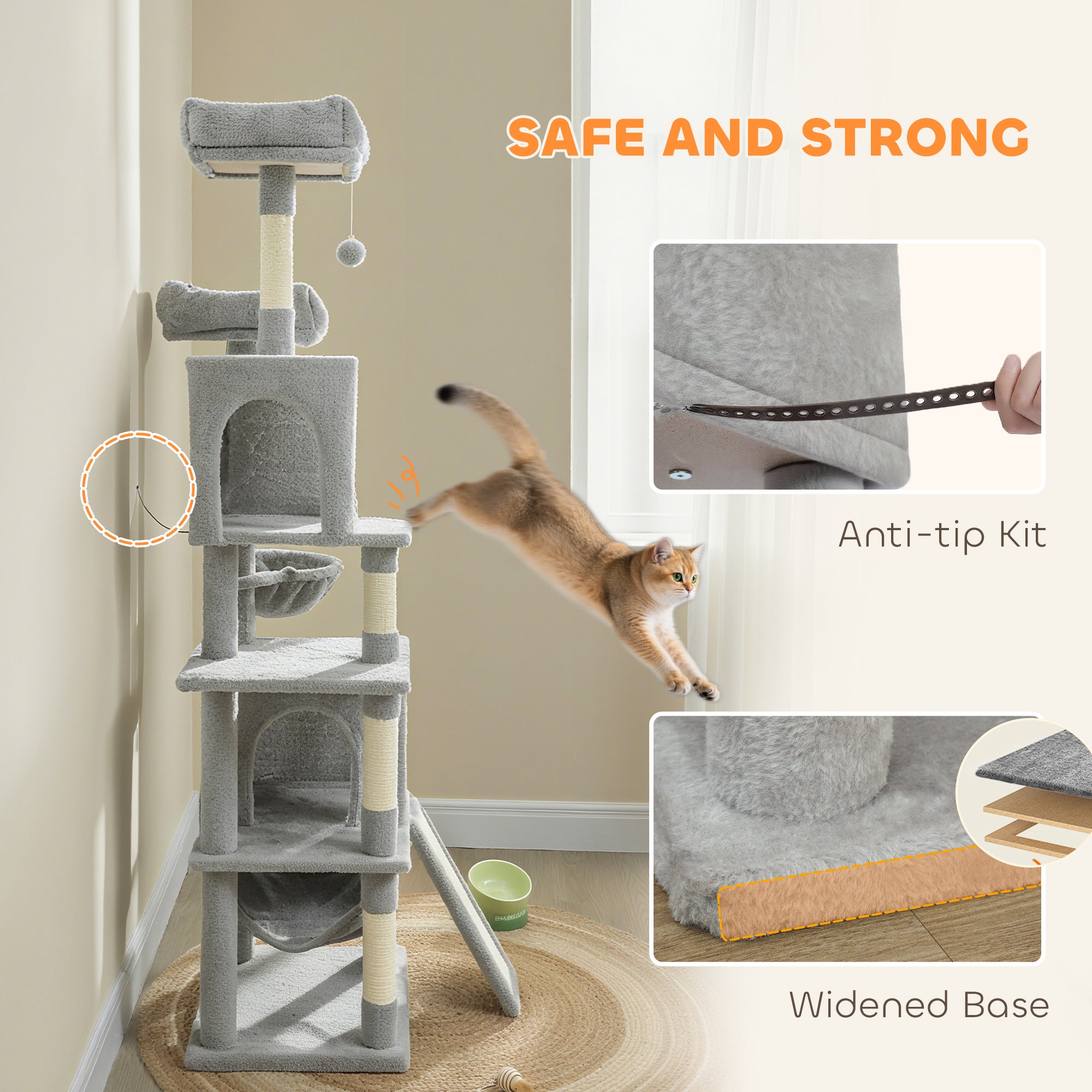pawhut-arbre-chat-177-cm-2-niches-2-perchoirs-hamac-gris-clair image 8