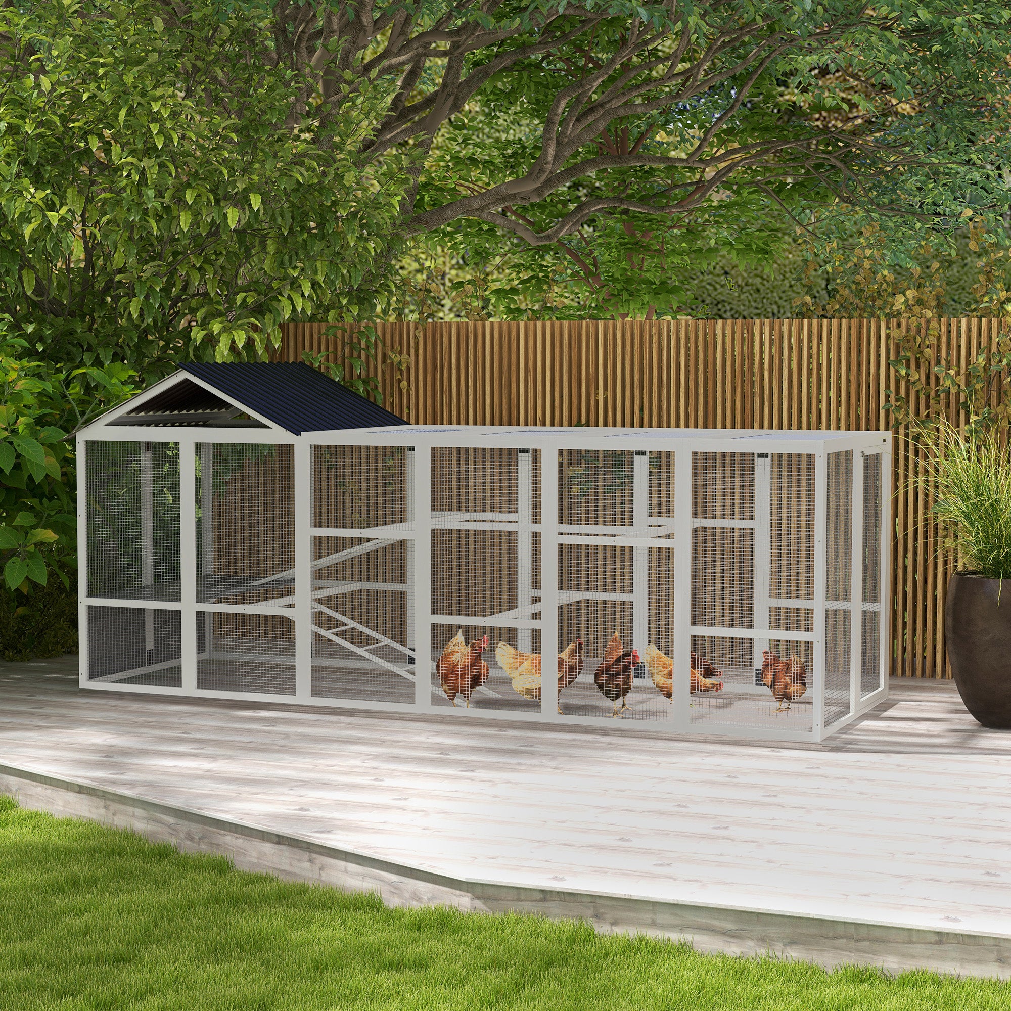 enclos-poules-pawhut-gris-avec-rangement-perchoirs-2-niveaux-et-chelles-extensio image 3