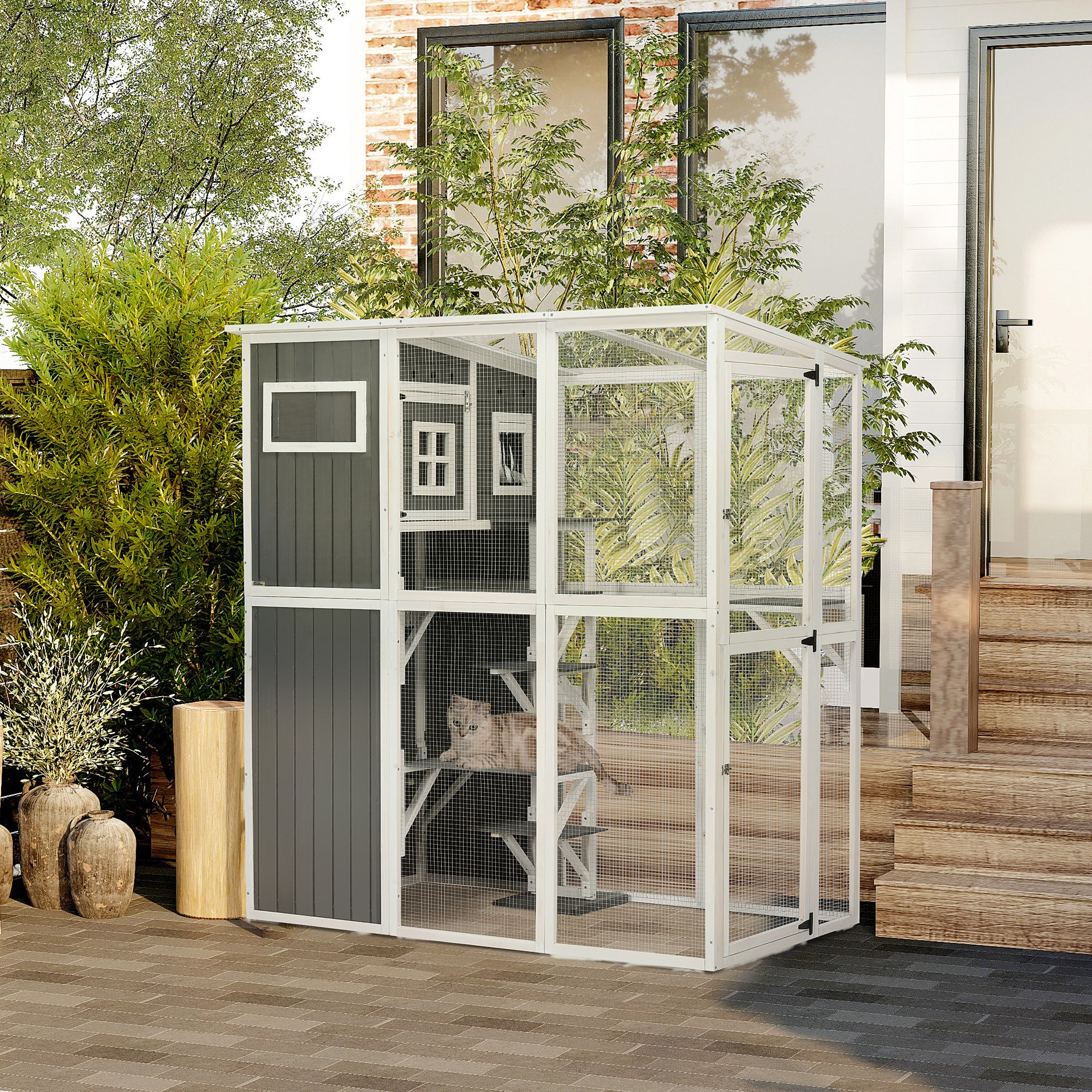 pawhut-catio-ext-rieur-walk-in-66-5-avec-plateformes-et-toit-pvc-gris-anthracite image 4