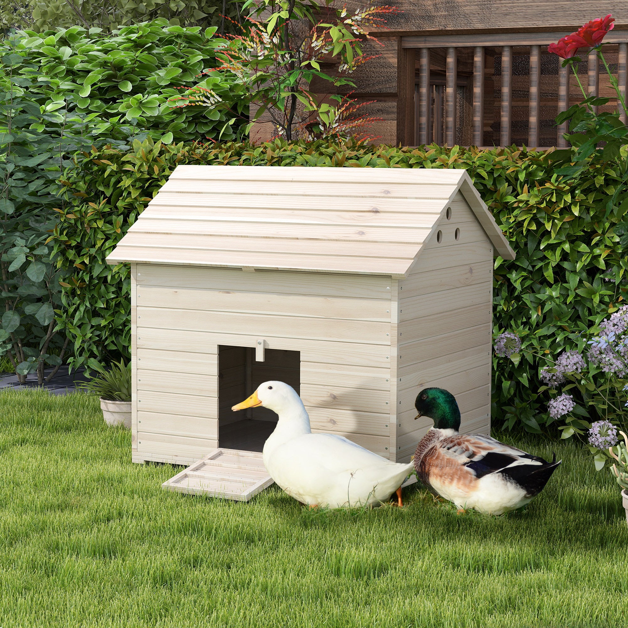 pawhut-abri-canard-sur-lev-en-bois-avec-rampe-et-toit-ouvrant image 3