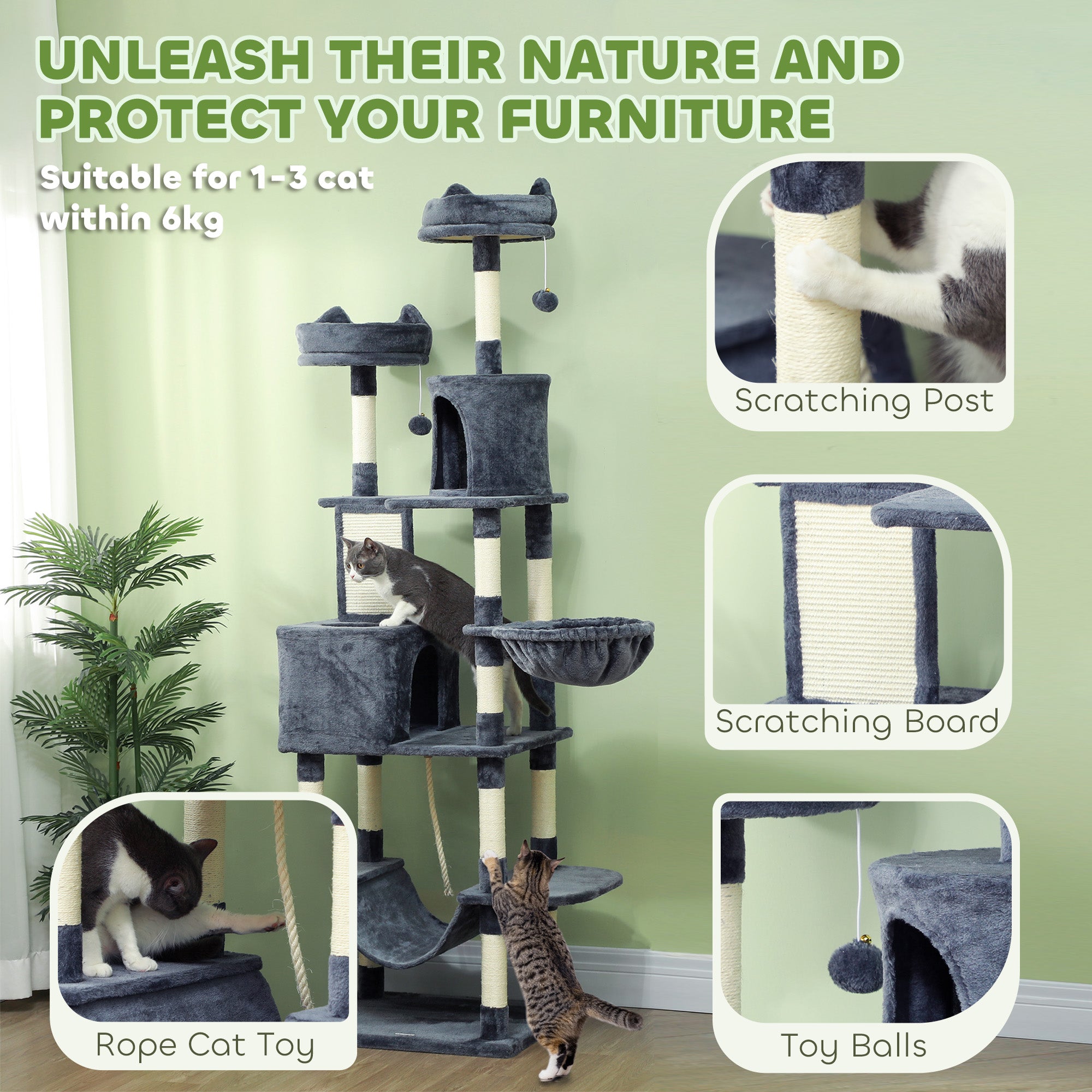 pawhut-arbre-chat-206-cm-multi-niveaux-avec-niches-et-griffoirs-sisal-gris-fonc image 8