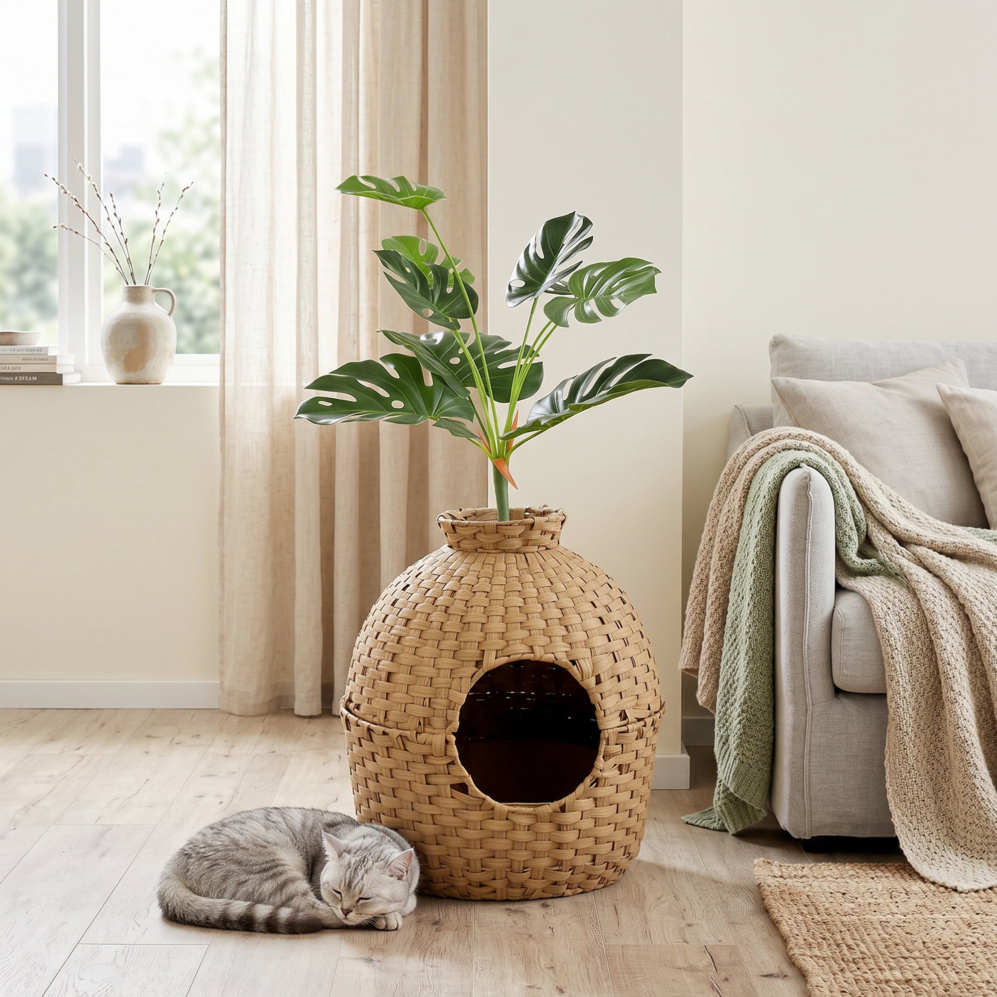 pawhut-meuble-liti-re-chat-cach-e-en-rotin-avec-plante-et-bac-inox image 4