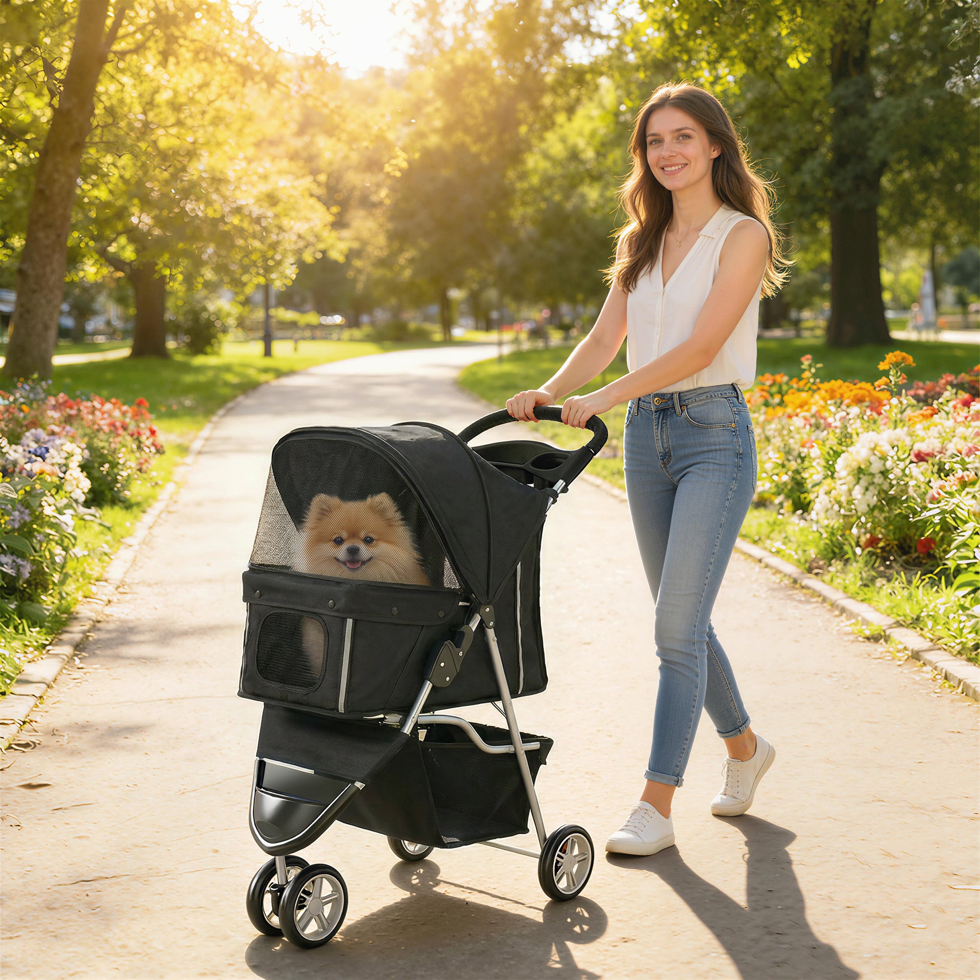 pawhut-poussette-chien-et-chat-3-roues-pliable-avec-porte-gobelet-noir image 4