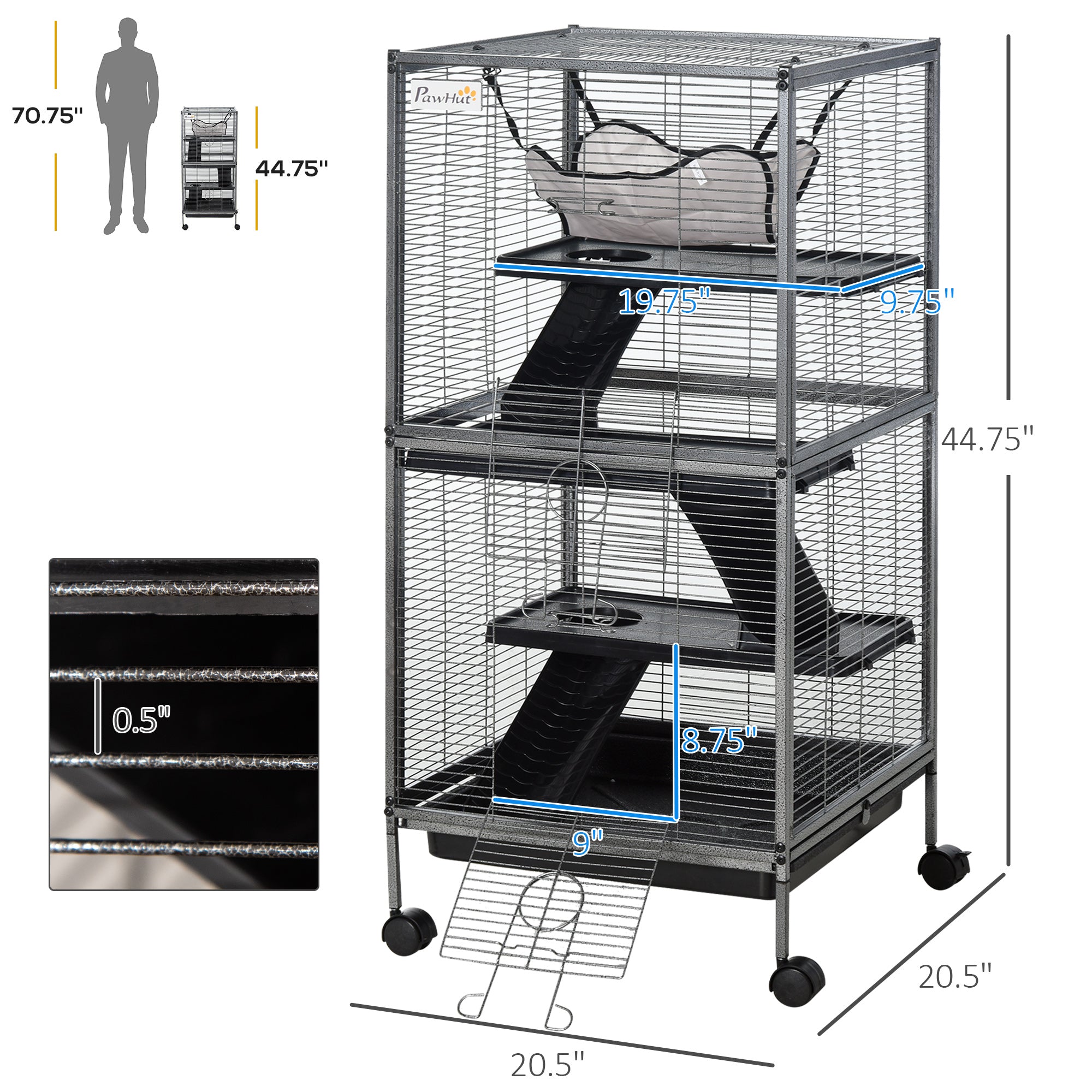 pawhut-cage-petits-animaux-4-tages-roulettes-avec-hamac-et-bac-gris image 6