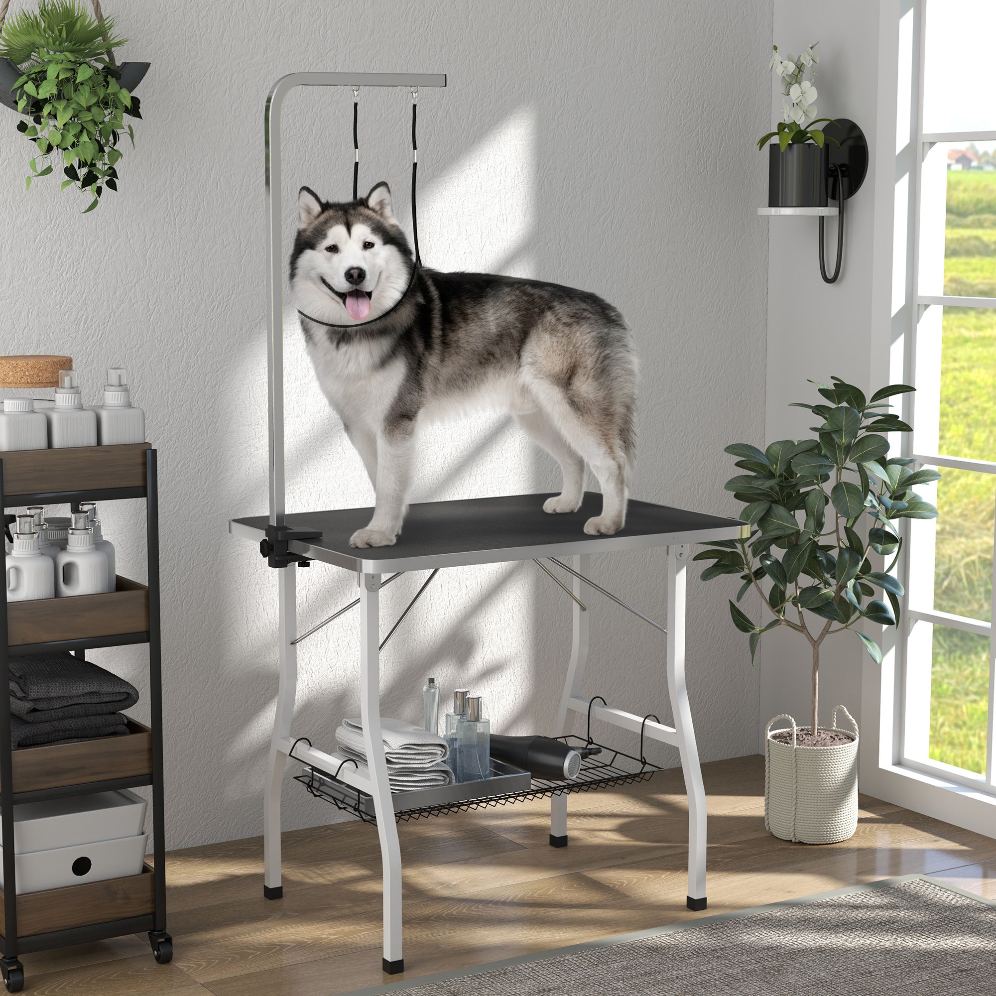 pawhut-table-de-toilettage-35-x-24-x-61-bras-r-glable-plateau-caoutchouc-noir image 4