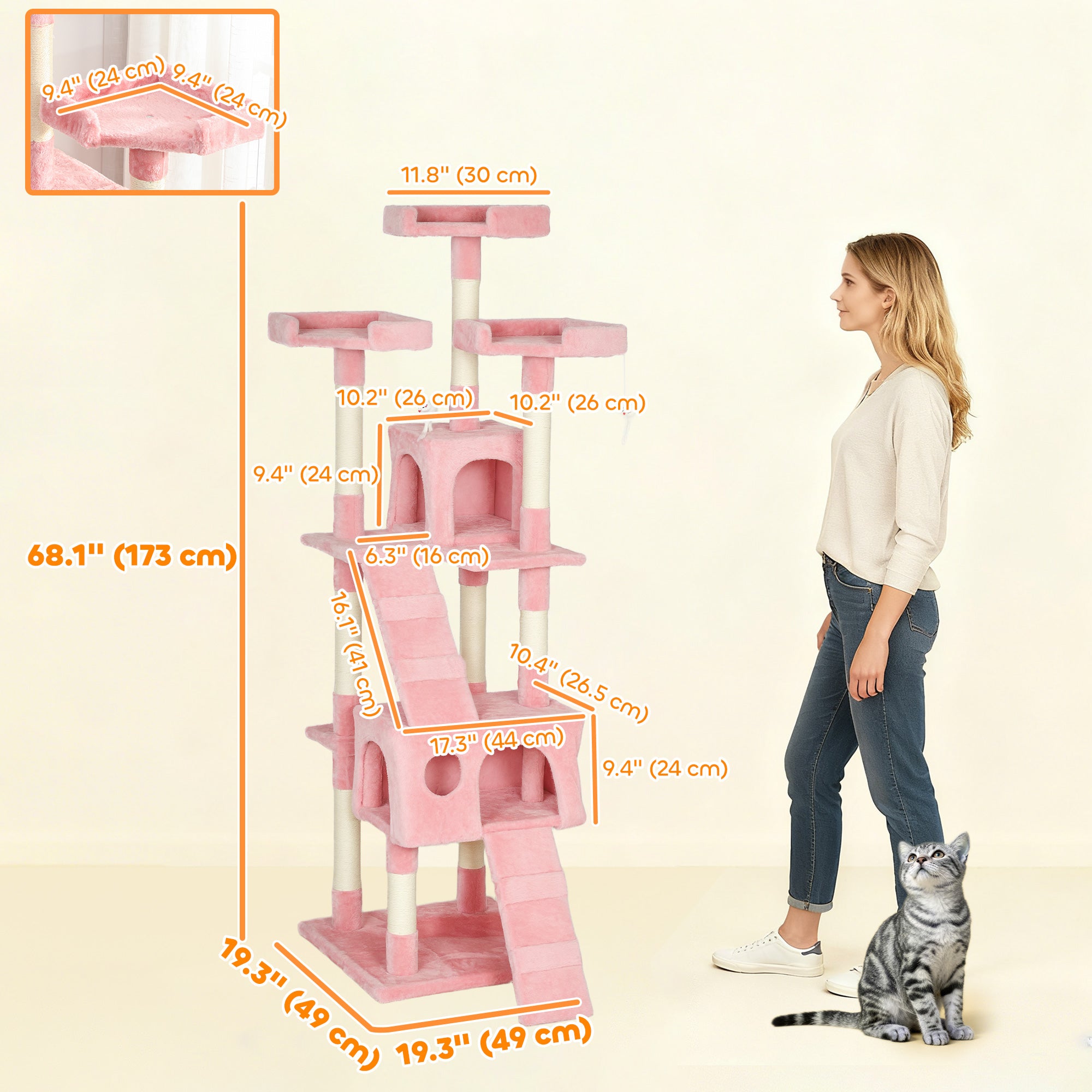 pawhut-arbre-chat-rose-173-cm-multi-niveaux-avec-niche-griffoirs-et-perchoirs image 5