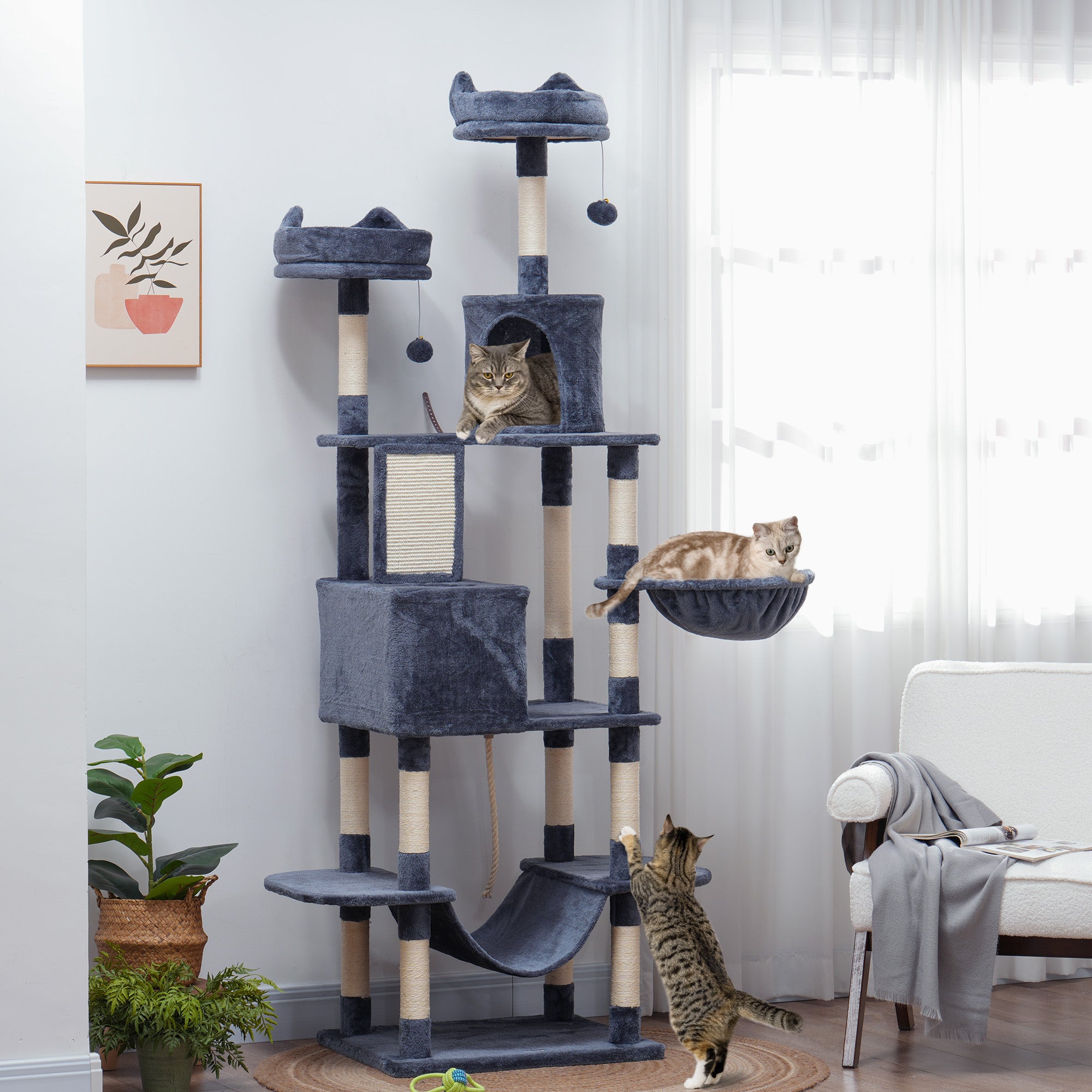 pawhut-arbre-chat-206-cm-multi-niveaux-avec-niches-et-griffoirs-sisal-gris-fonc image 4