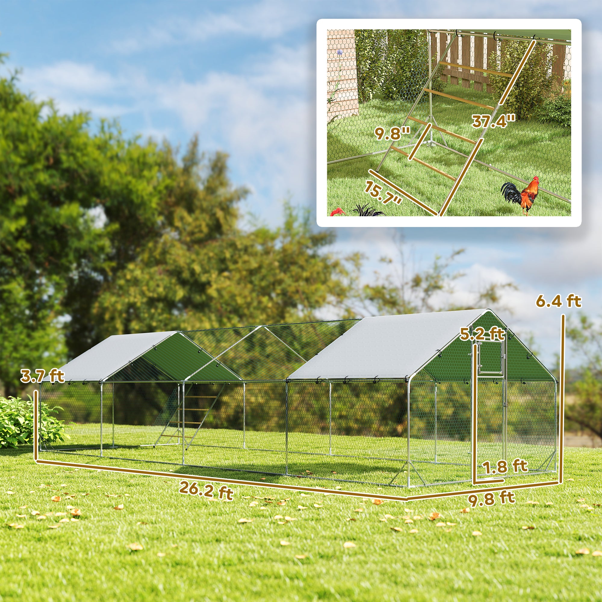 pawhut-parc-poules-m-tal-24-m-avec-b-che-mangeoire-et-perchoirs-argent image 5