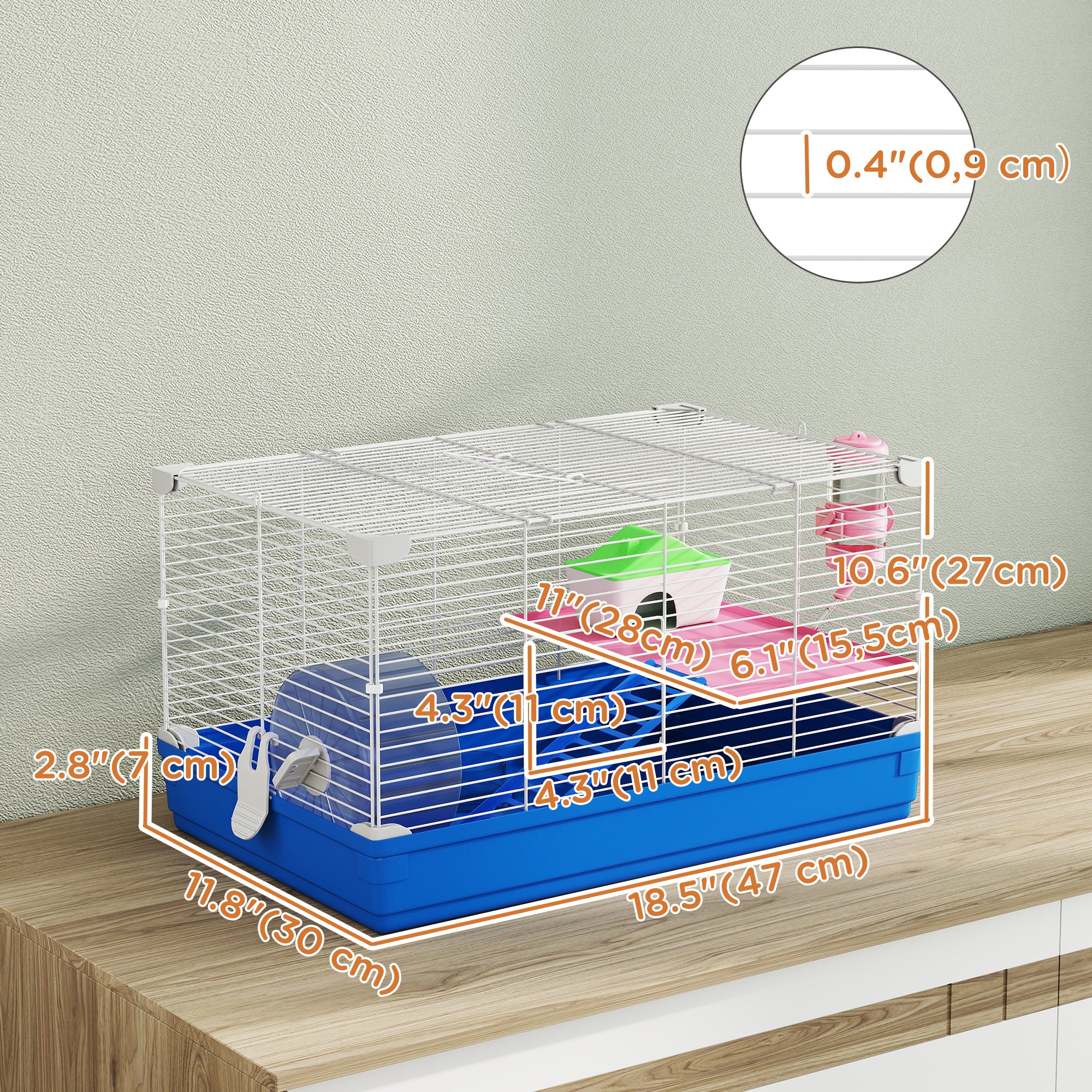 pawhut-cage-hamster-47-cm-2-tages-avec-roue-biberon-et-gamelle-bleu image 5