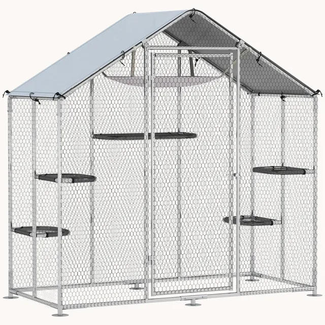 pawhut-enclos-ext-rieur-walk-in-pour-chats-5-plateformes-hamac-et-b-che-argent image 1