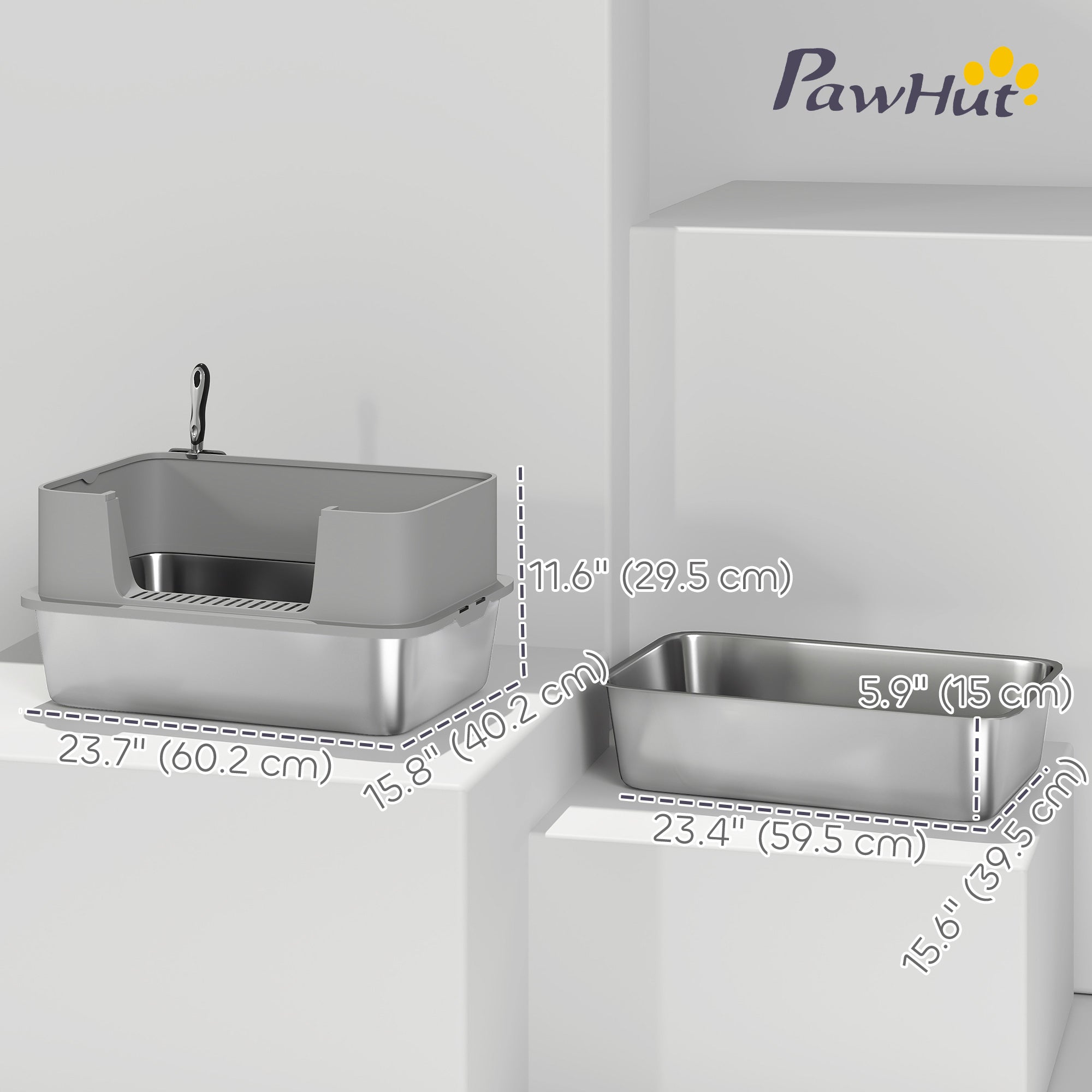 pawhut-bac-liti-re-chat-xl-en-acier-inoxydable-avec-pelle-bords-hauts-gris image 5