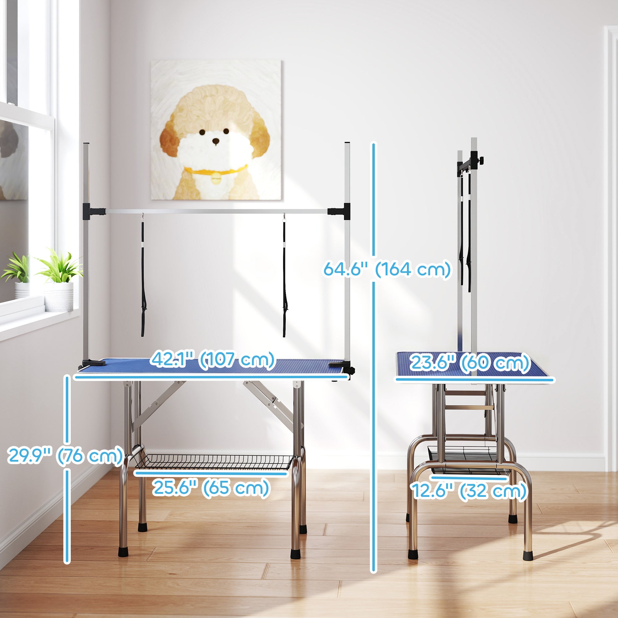 pawhut-table-de-toilettage-chien-43-avec-bras-r-glable-8-32-dessus-caoutchouc-bl image 5