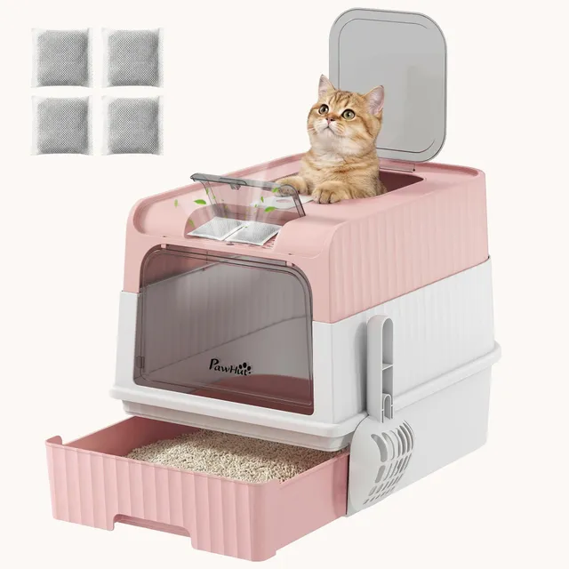 pawhut-bac-liti-re-pour-chat-ferm-avec-tiroir-pelle-et-sortie-par-le-dessus-rose image 1