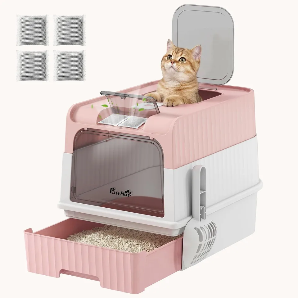 pawhut-bac-liti-re-pour-chat-ferm-avec-tiroir-pelle-et-sortie-par-le-dessus-rose image 1