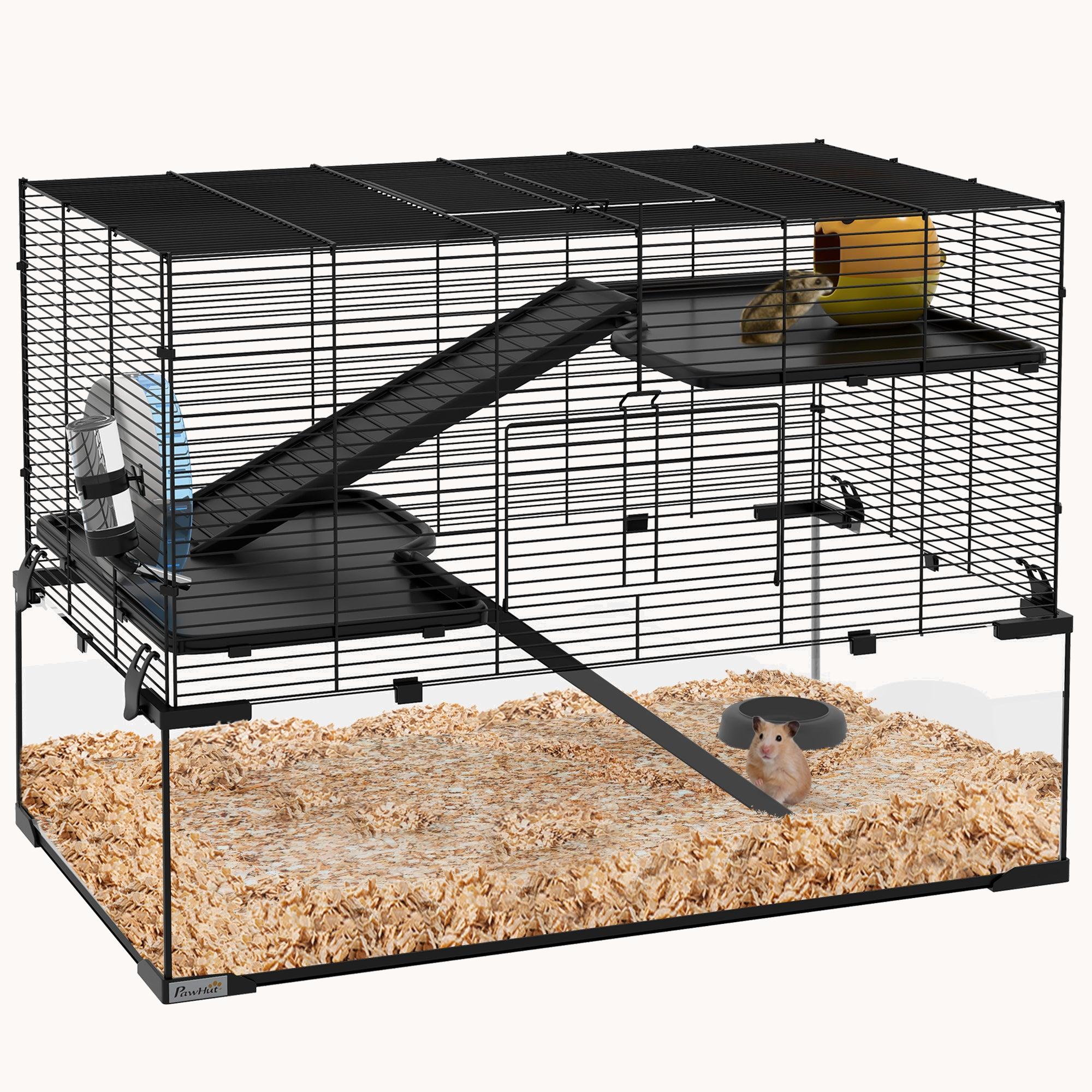 pawhut-cage-hamster-3-tages-79-x-48-x-57-cm-avec-fond-verre-tremp-et-accessoires image 2