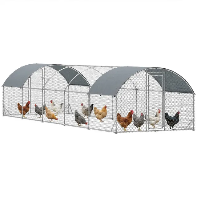 pawhut-grand-parc-grillag-poules-toit-d-me-avec-b-che-9-2-x-31-2-x-6-4-argent image 1