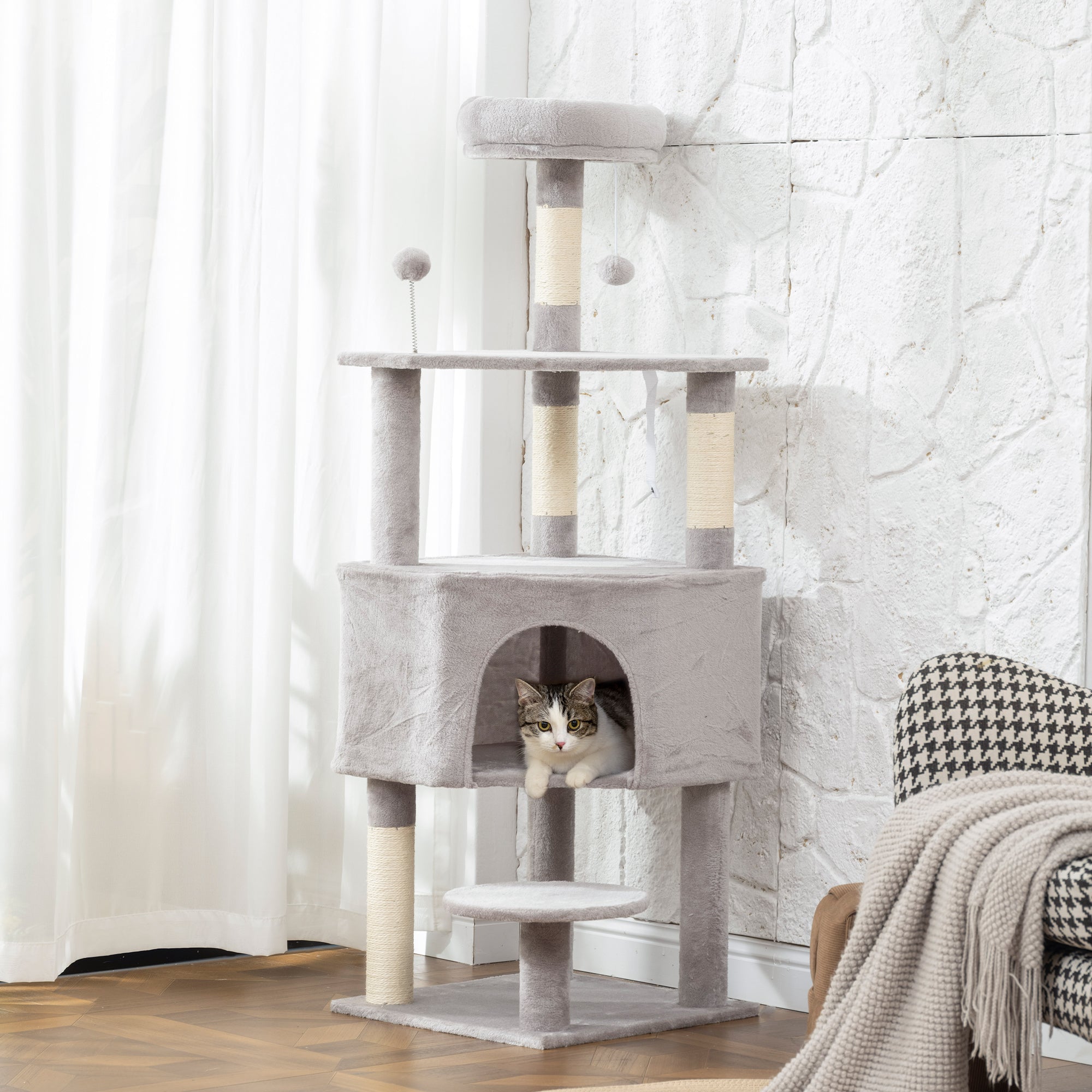 pawhut-arbre-chat-54-avec-niche-perchoir-et-griffoirs-sisal-gris-clair image 4