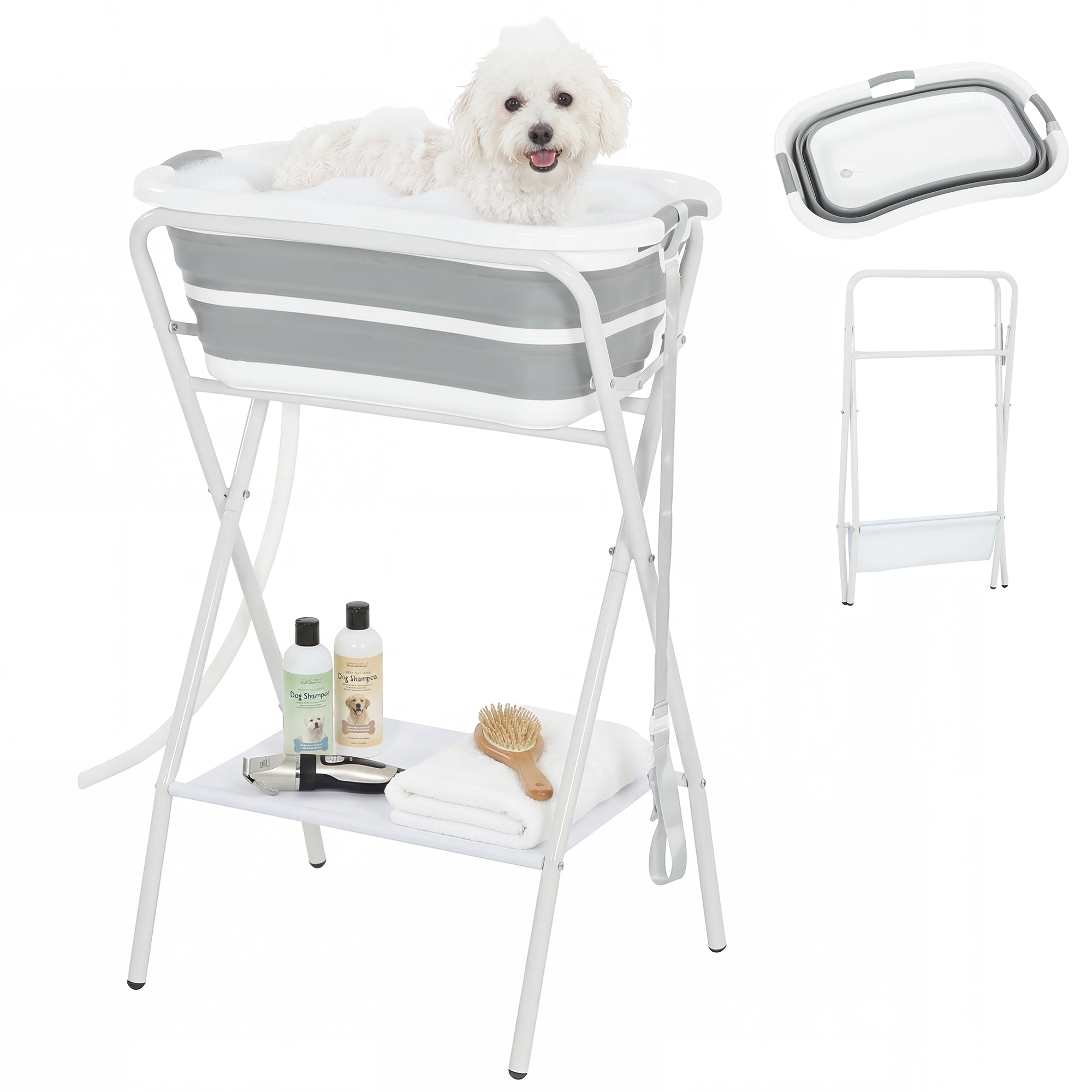 pawhut-baignoire-chien-sur-lev-e-2-en-1-pliable-avec-tuyau-pour-petits-chiens image 1