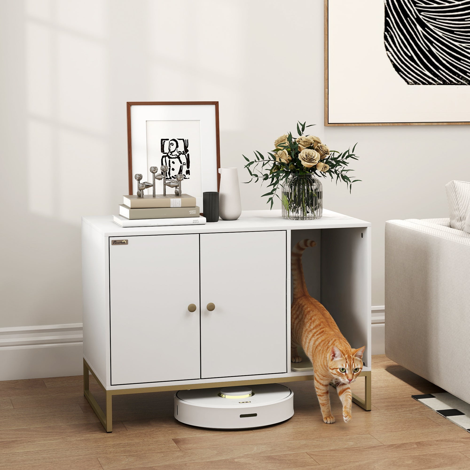 pawhut-meuble-liti-re-cach-e-avec-tapis-et-rangement-lat-ral-blanc image 4